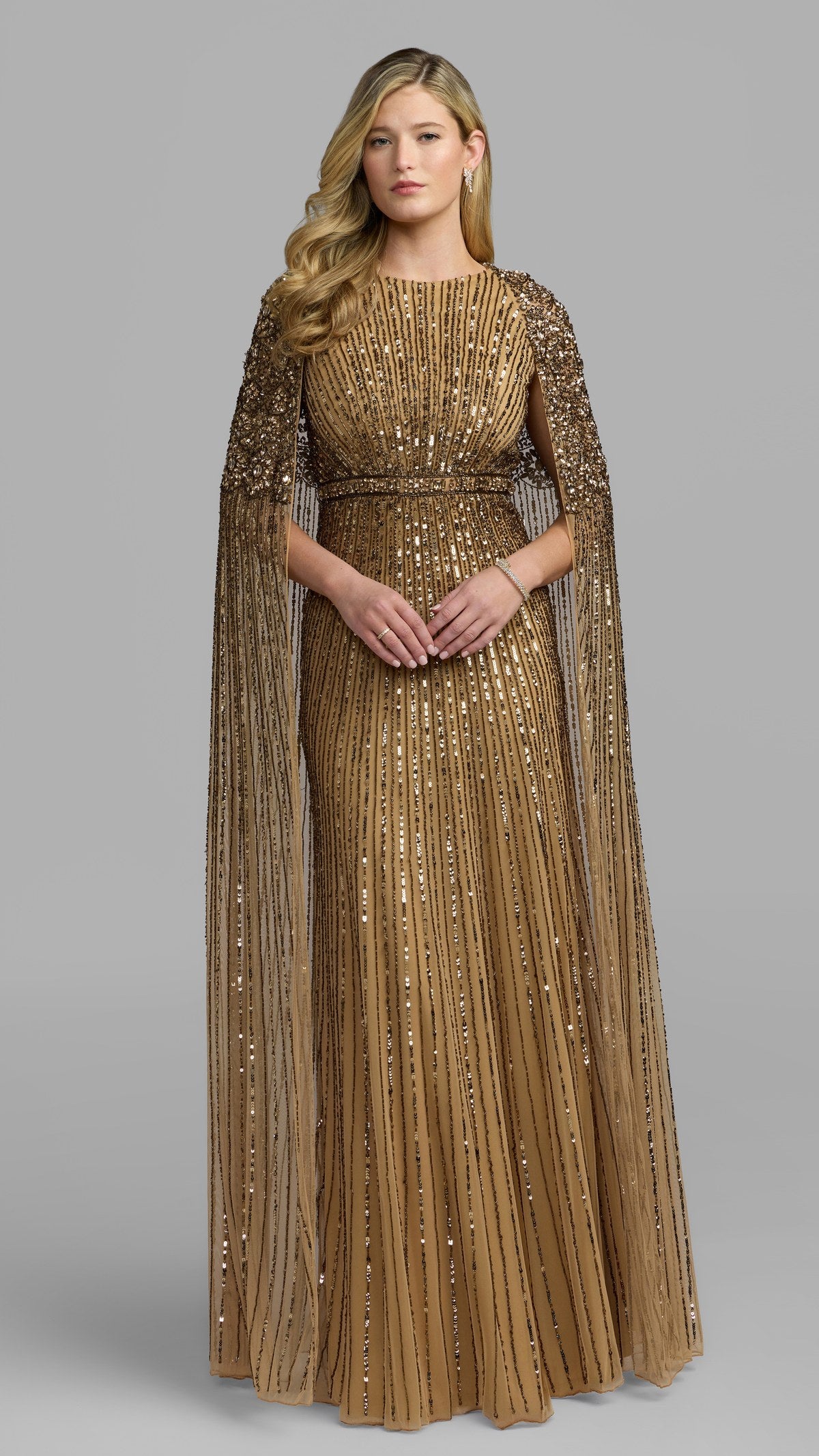 Mac Duggal style 23046 in Light Bronze, front view