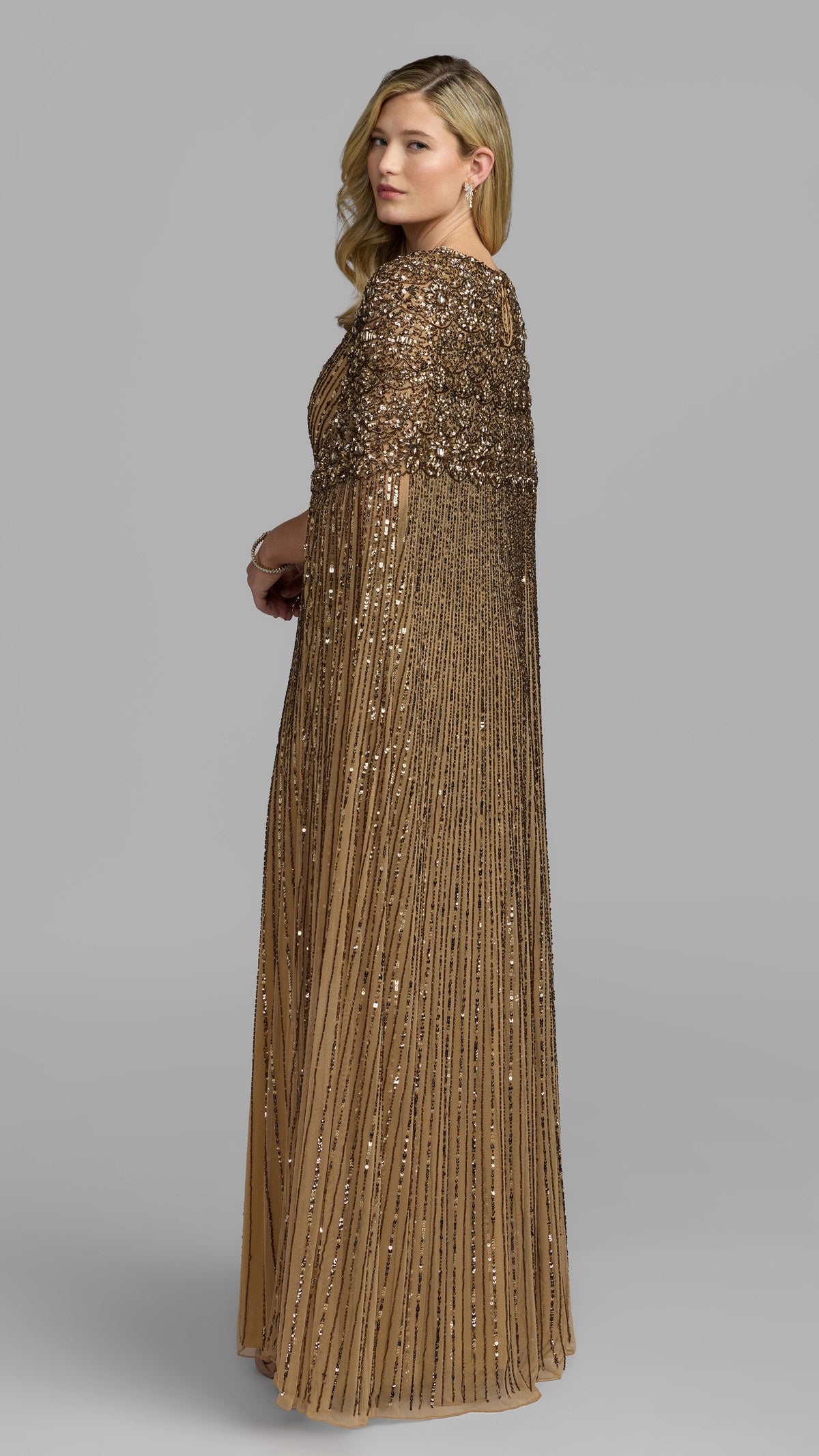 Mac Duggal style 23046 in Light Bronze, back view