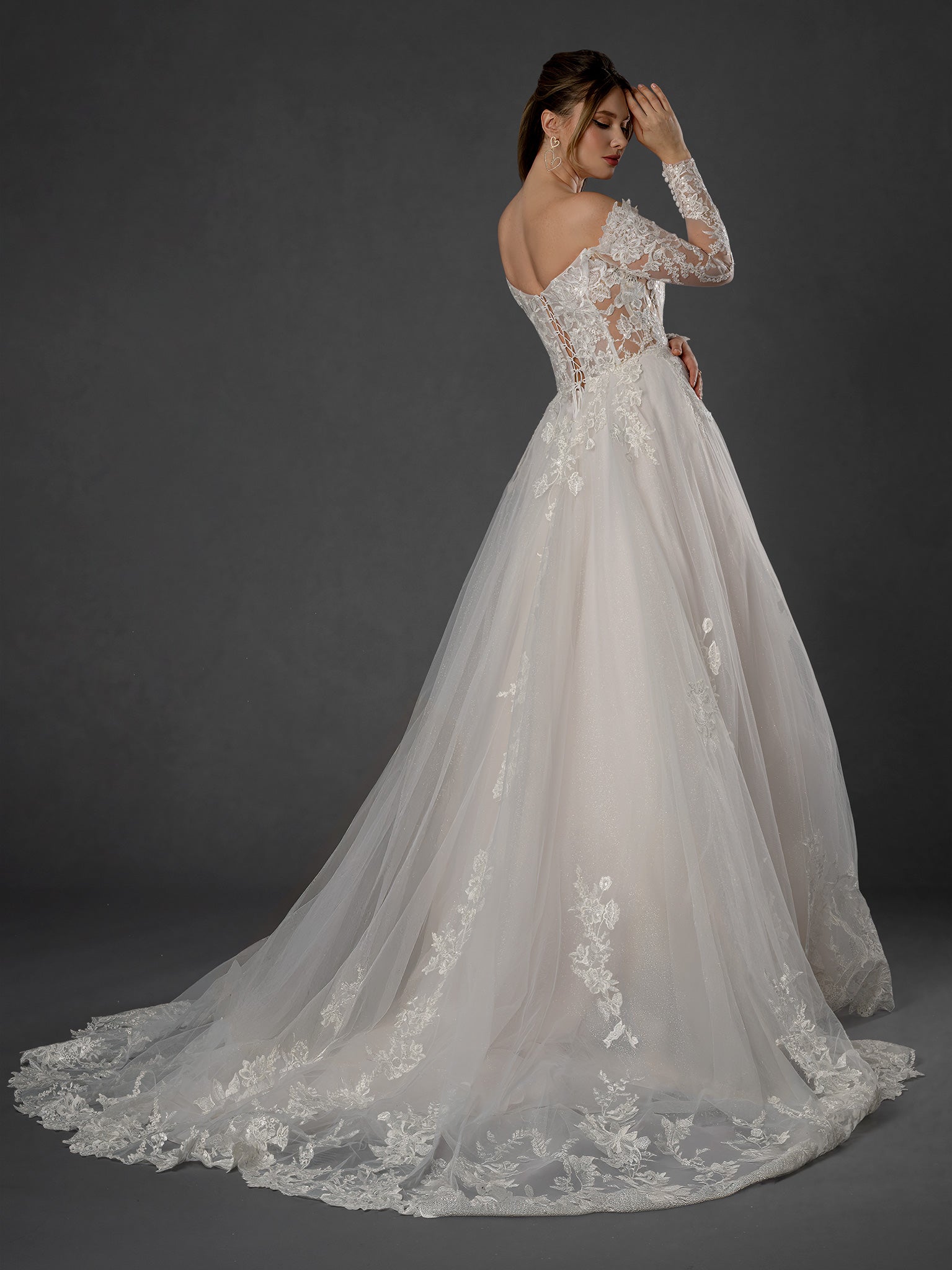 Wedding Dresses Long Bridal A Line Wedding Dress - Floral Beaded - Stella Couture 25573 Off White-Tulle-25573-Train