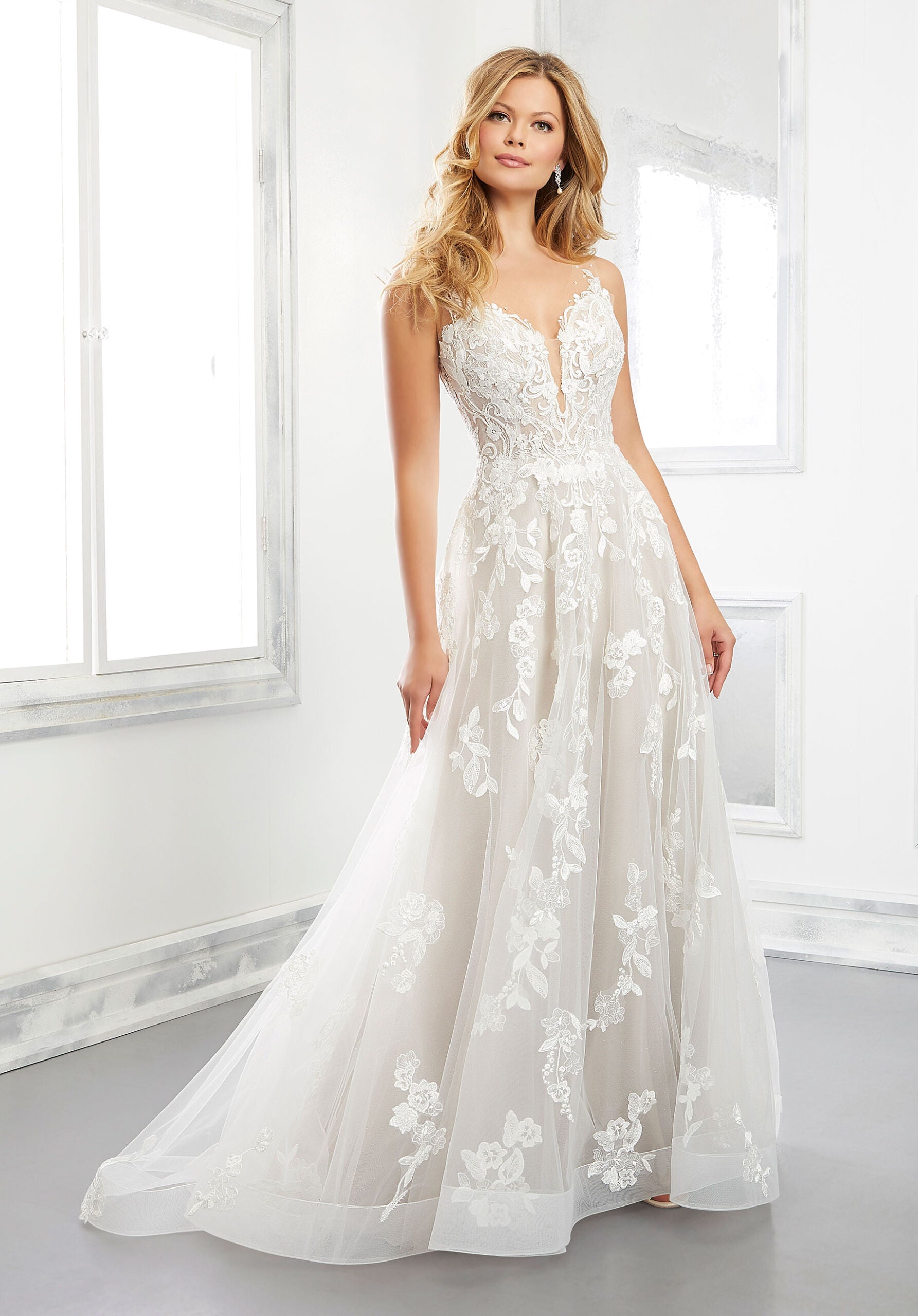 Wedding Dresses Long A Line Bridal Glitter Wedding Dress MGNY Madeline Gardner New York 2306 Ivory/Cappuccino/Honey
