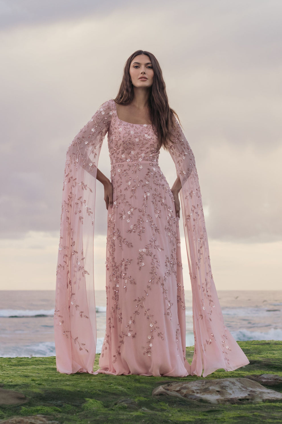 Rose Square Neck Floor-Length Chiffon Evening Gown with 3D Floral Cape Sleeves Mac Duggal 23068