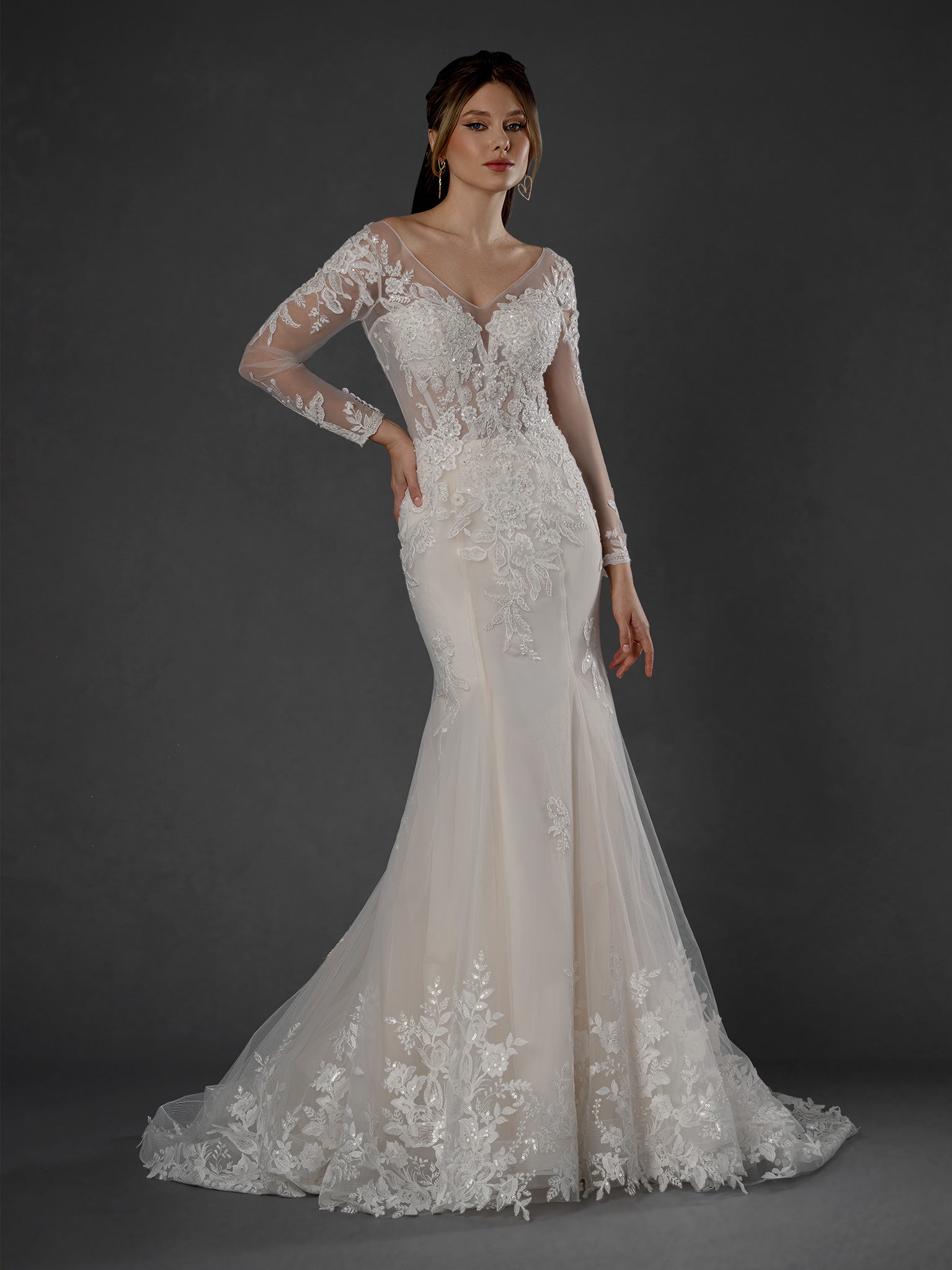 Wedding Dresses Long A Line Bridal Wedding Dress - Lace Floral - Stella Couture 25571 Off White-Tulle-25571-Floral
