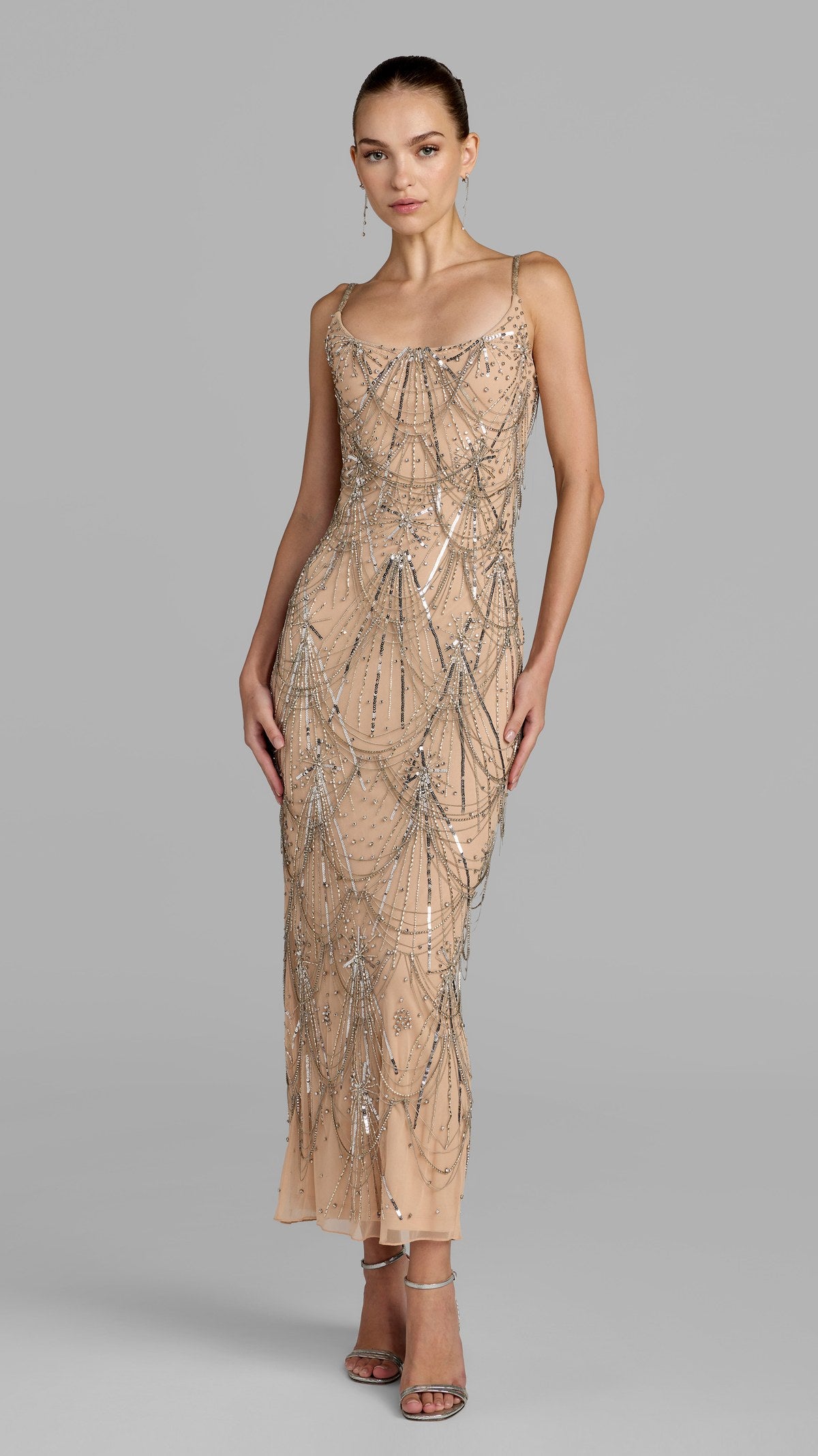 Mac Duggal style 23082 in Nude Silver, front view