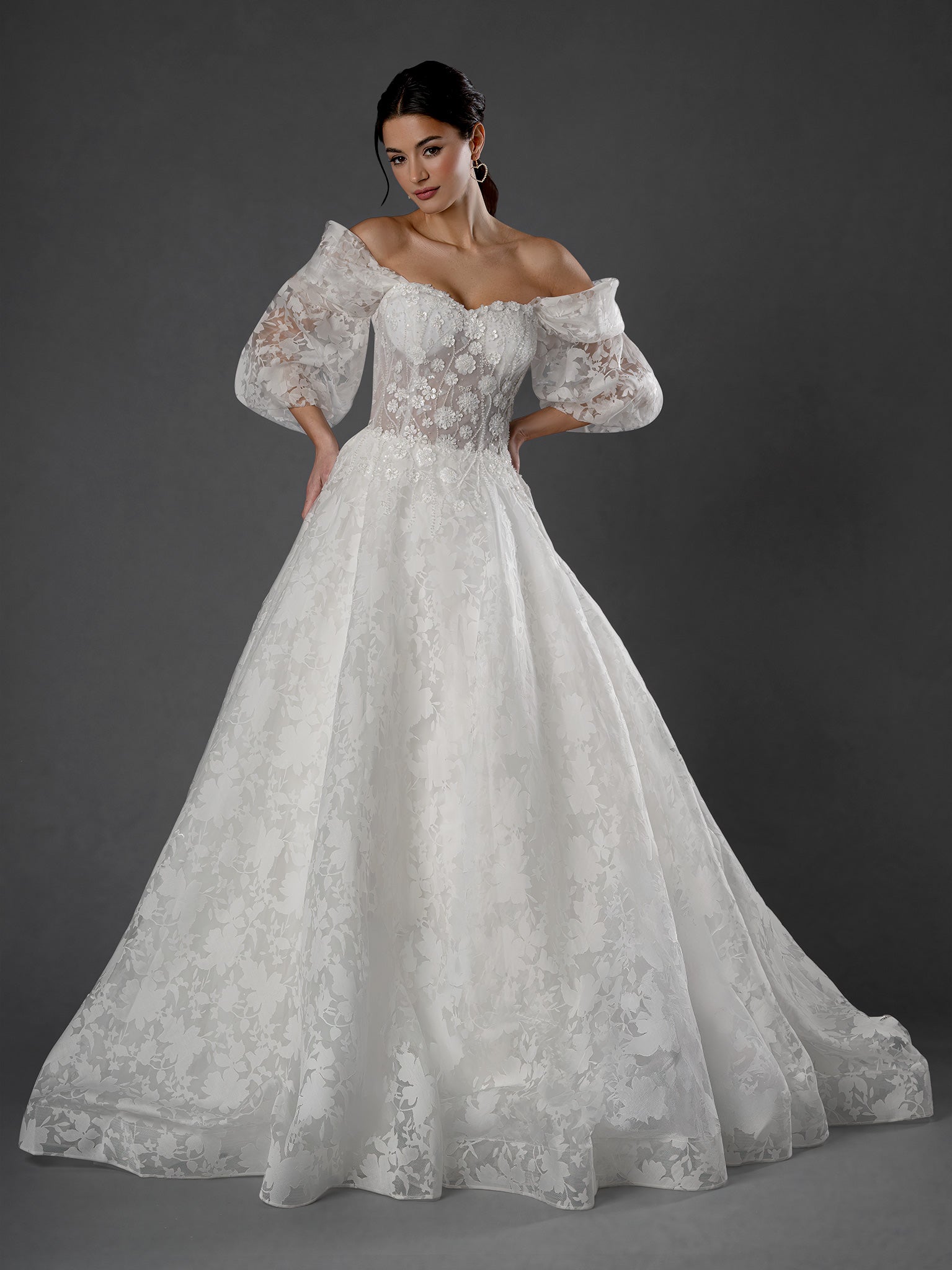Wedding Dresses Long Bridal A Line Wedding Dress - Floral Lace - Stella Couture 25566 Off White-Lace-25566-Floral