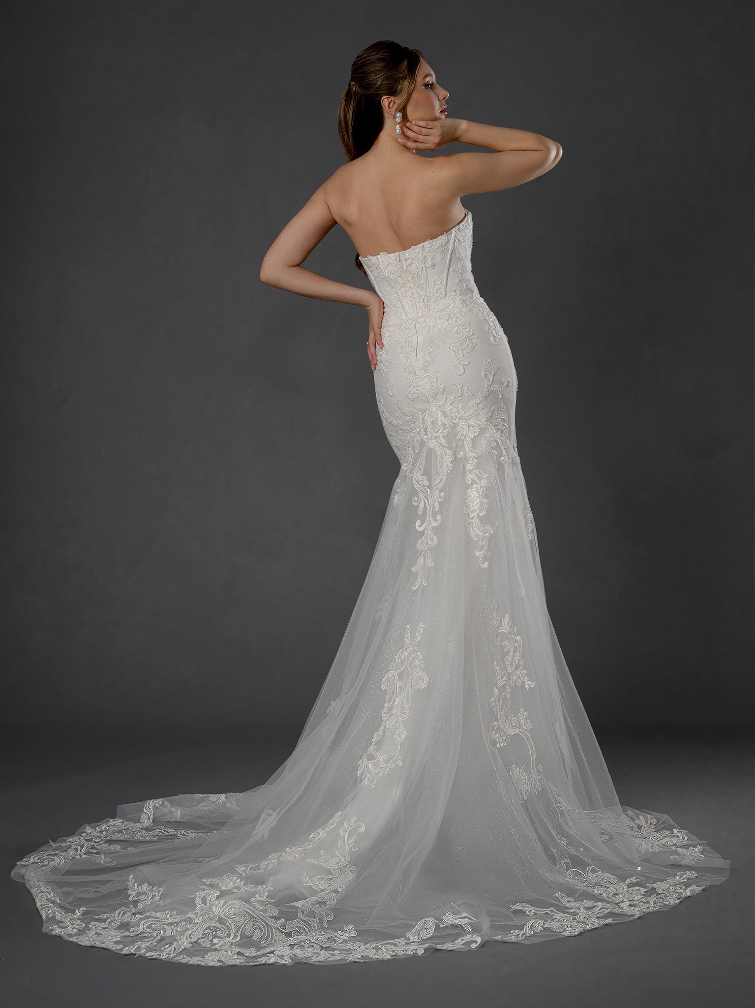 Wedding Dresses Long Corset Wedding Dress - Lace - Stella Couture 25559 Off White-Tulle-25559-Train