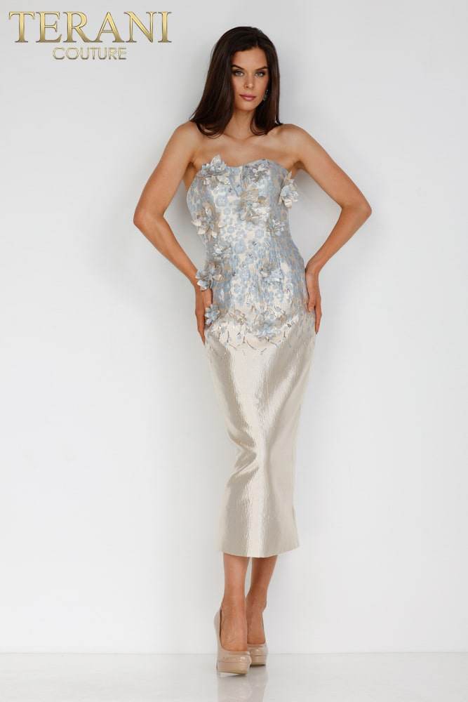 Cocktail Dresses Short Cocktail Prom 3D Floral Tea Length Dress Gold Gray