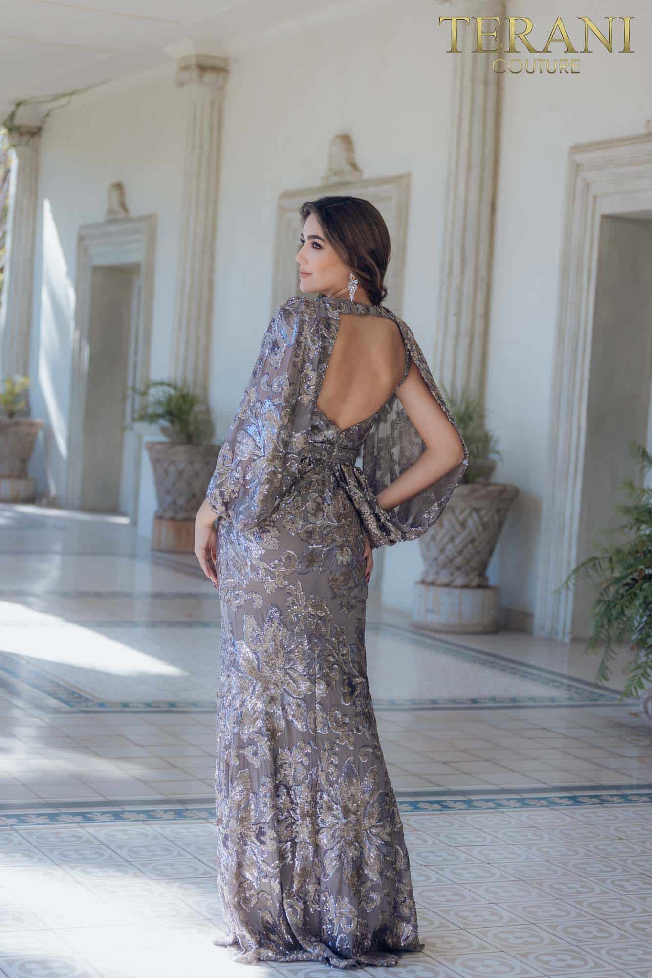 Mother of the Bride Dresses Long Sequin Mother of the Bride Cape Dress Taupe Silver
