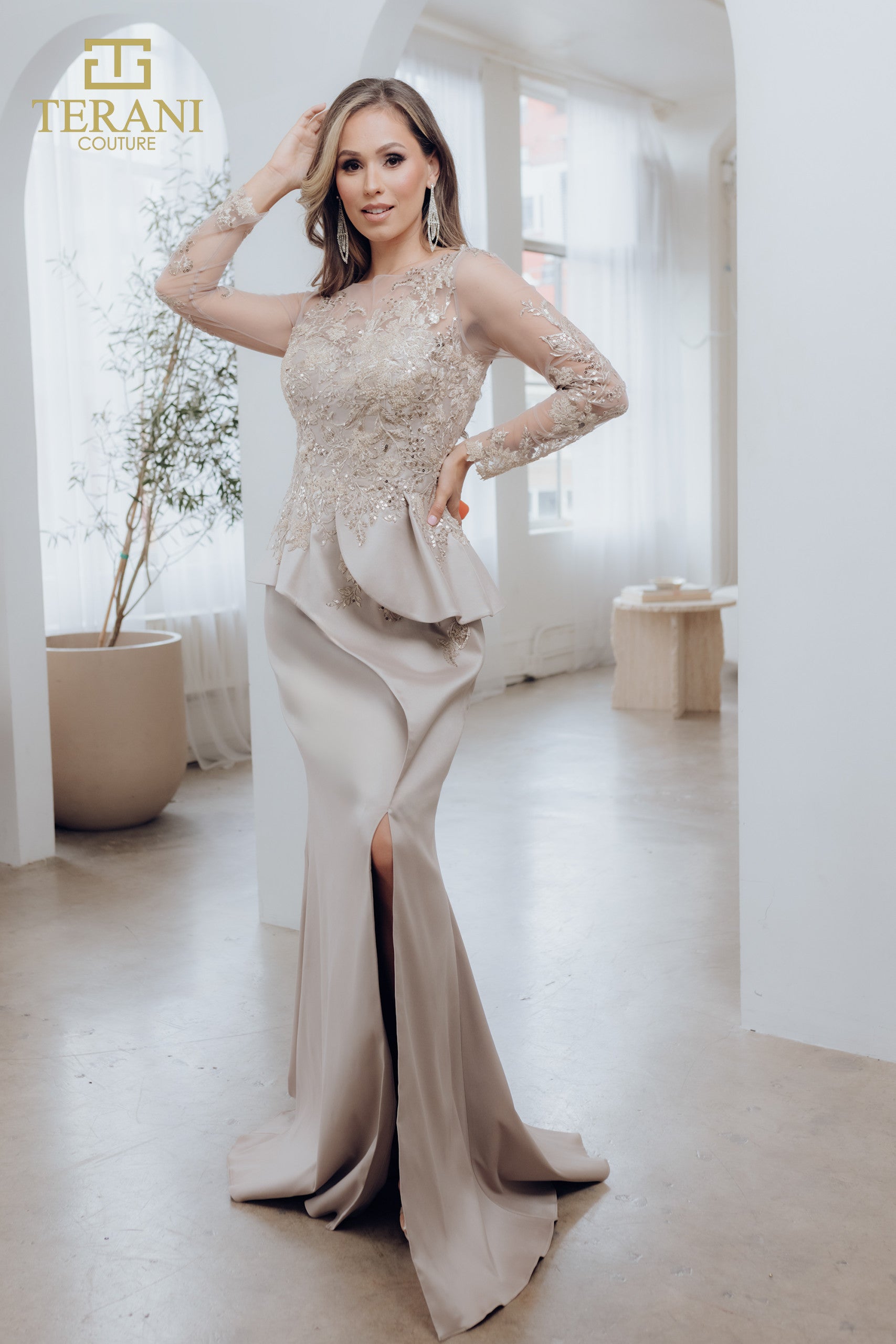 Mother of the Bride Dresses Long Sleeve Mother of the Bride Beaded Dress Taupe