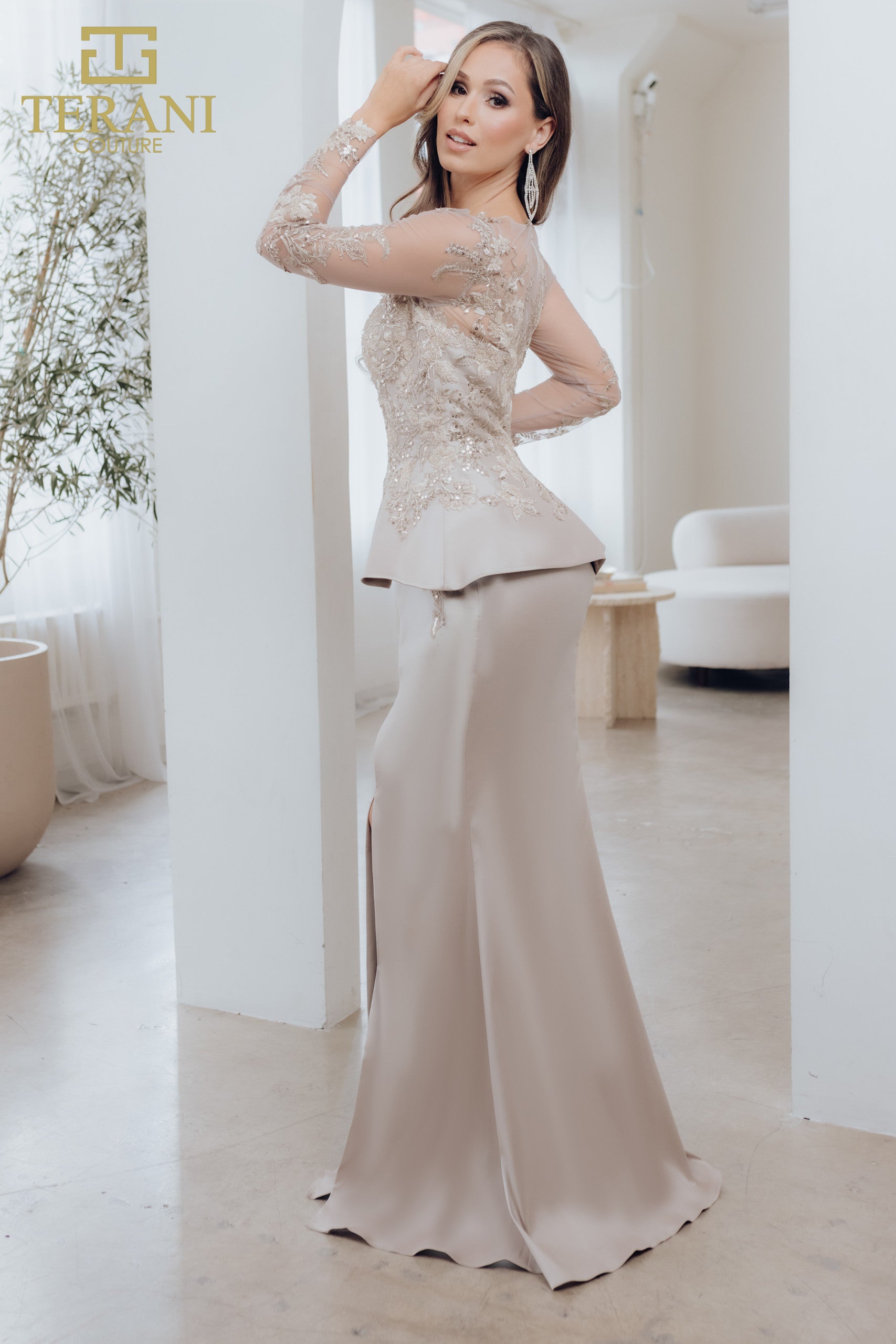 Mother of the Bride Dresses Long Sleeve Mother of the Bride Beaded Dress Taupe