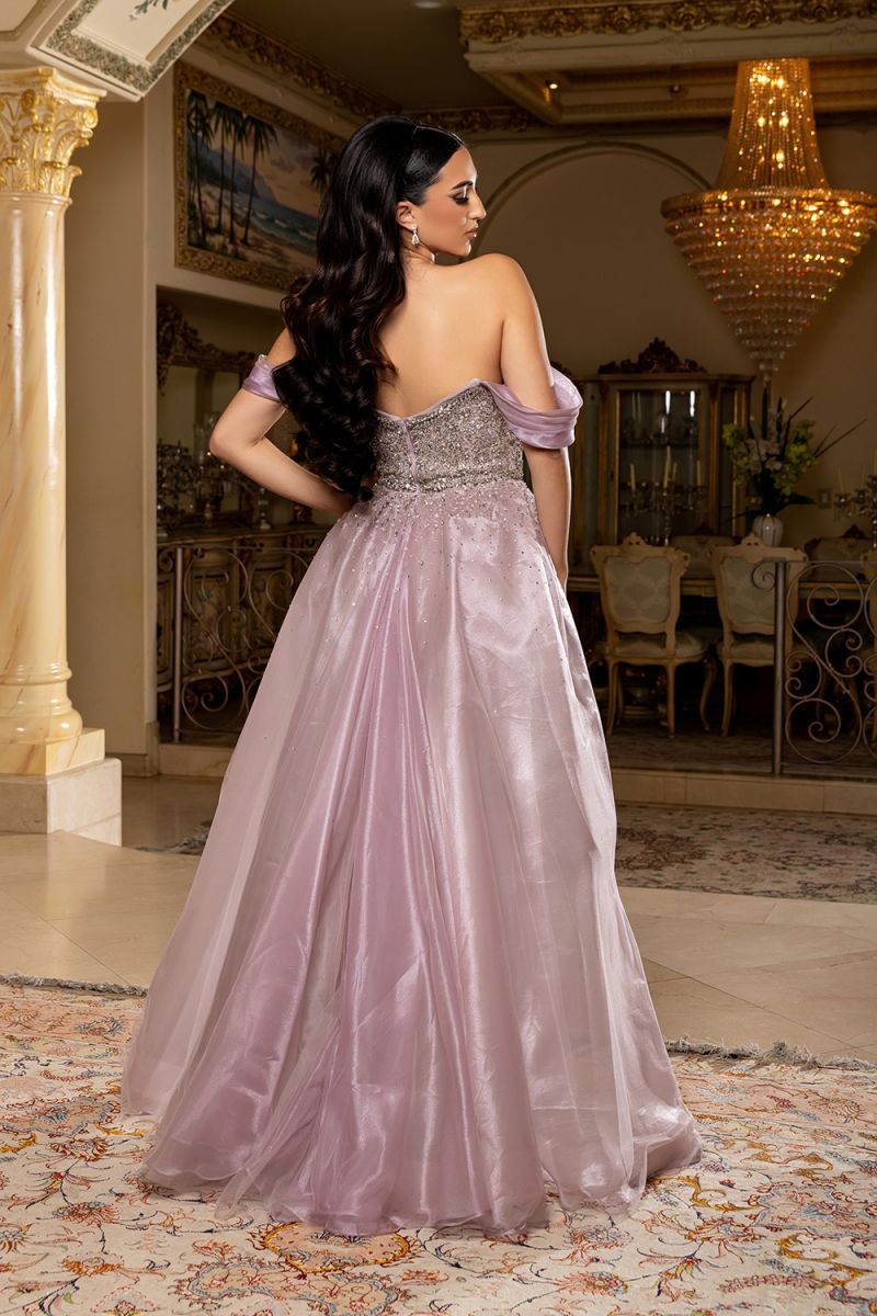Mauve Off-the-Shoulder Floor-Length Mesh Prom Dress May Queen RQ8263