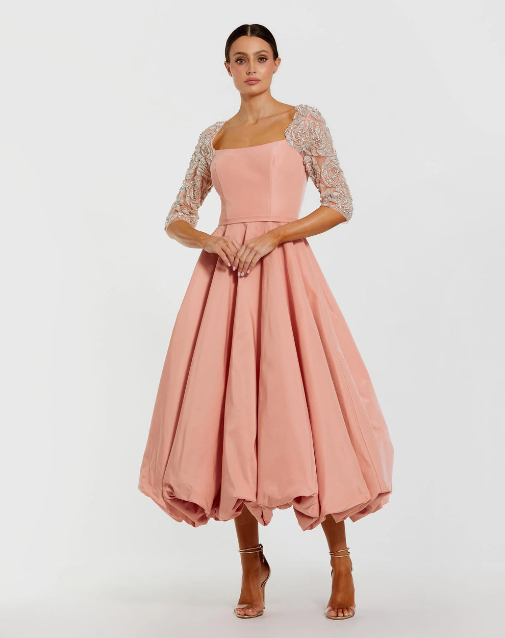 Square Neck Tea Length Satin Cocktail Dress by Mac Duggal 2320 in Rose