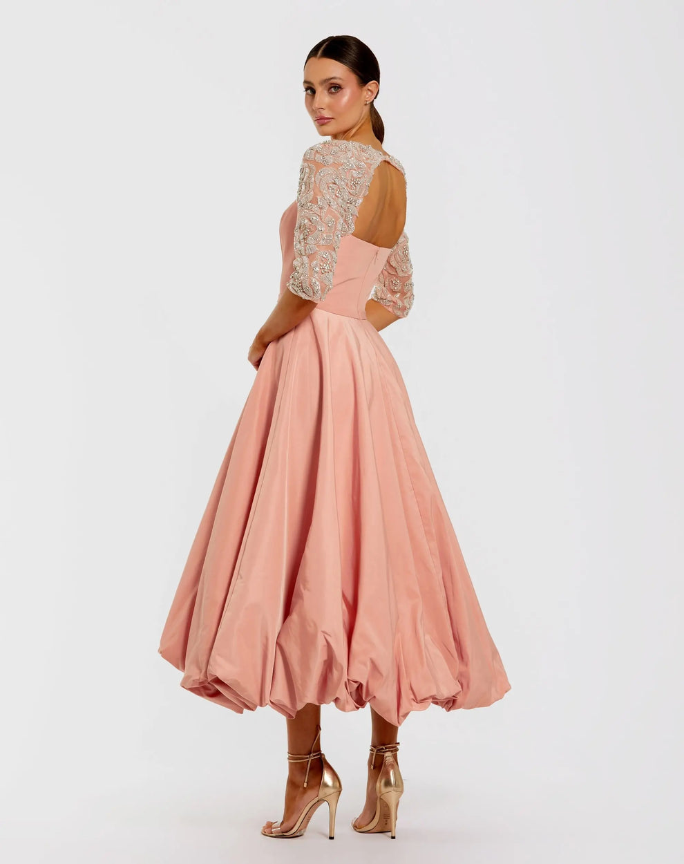 Square Neck Tea Length Satin Cocktail Dress by Mac Duggal 2320 in Rose