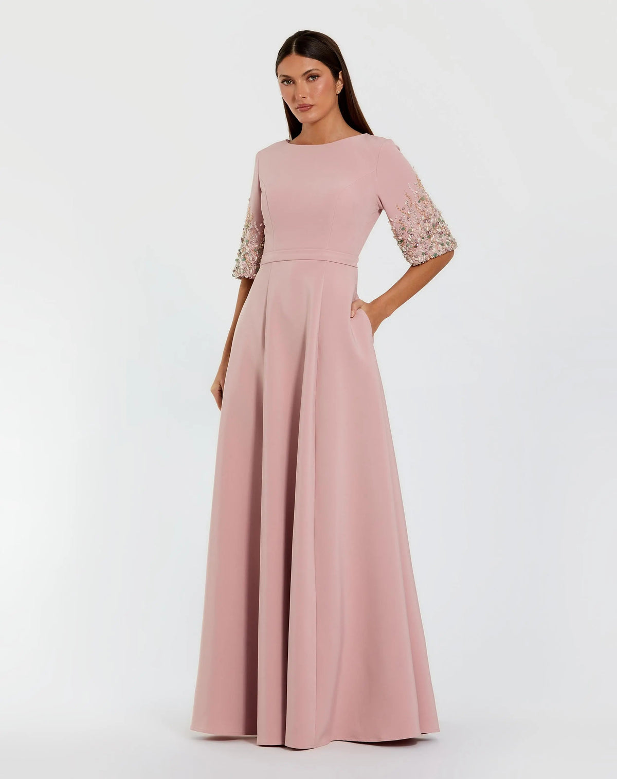 Long Beaded Dress Formal Evening Mother of the Bride Mac Duggal 2322 Rose front view