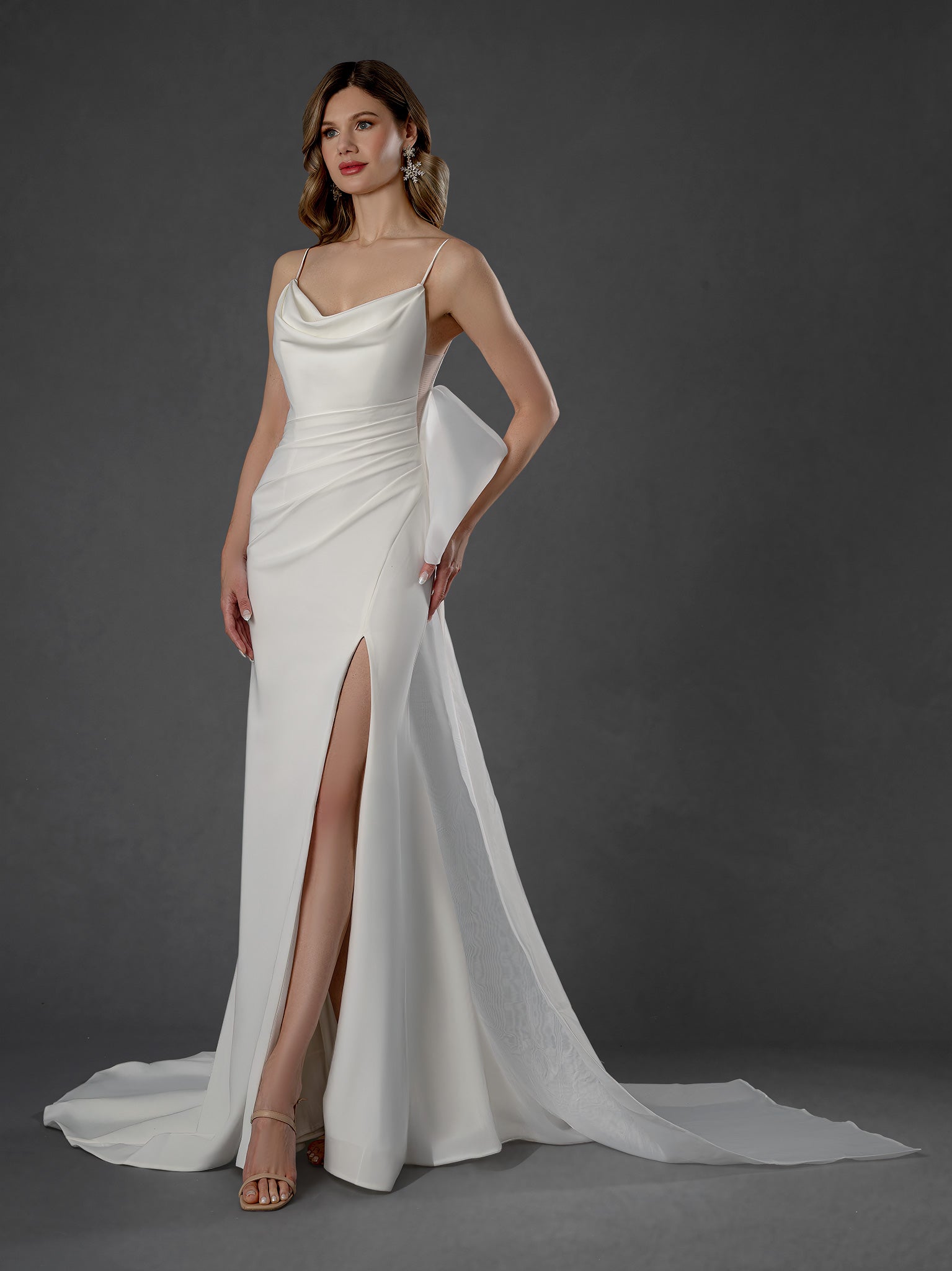 Wedding Dresses Long A Line Wedding Dress - Slit - Stella Couture 25858 Off White-Satin-25858-Train