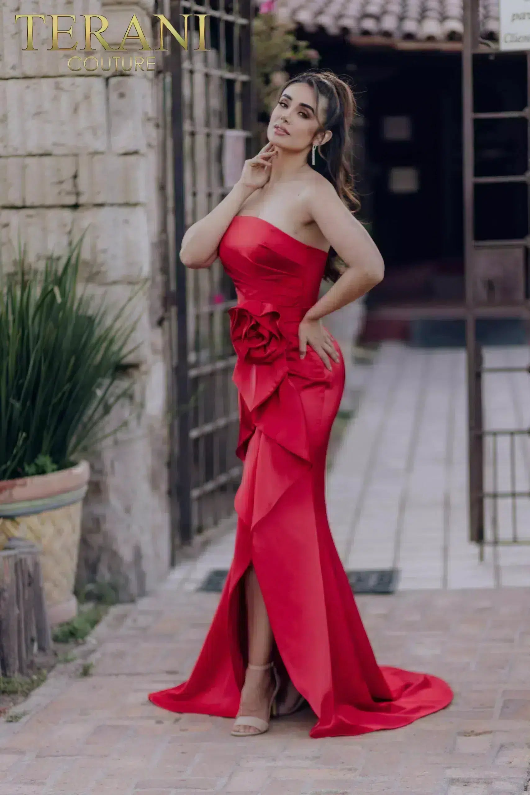 Formal Dresses Long 3D Flower Formal Prom Ruffle Dress Red