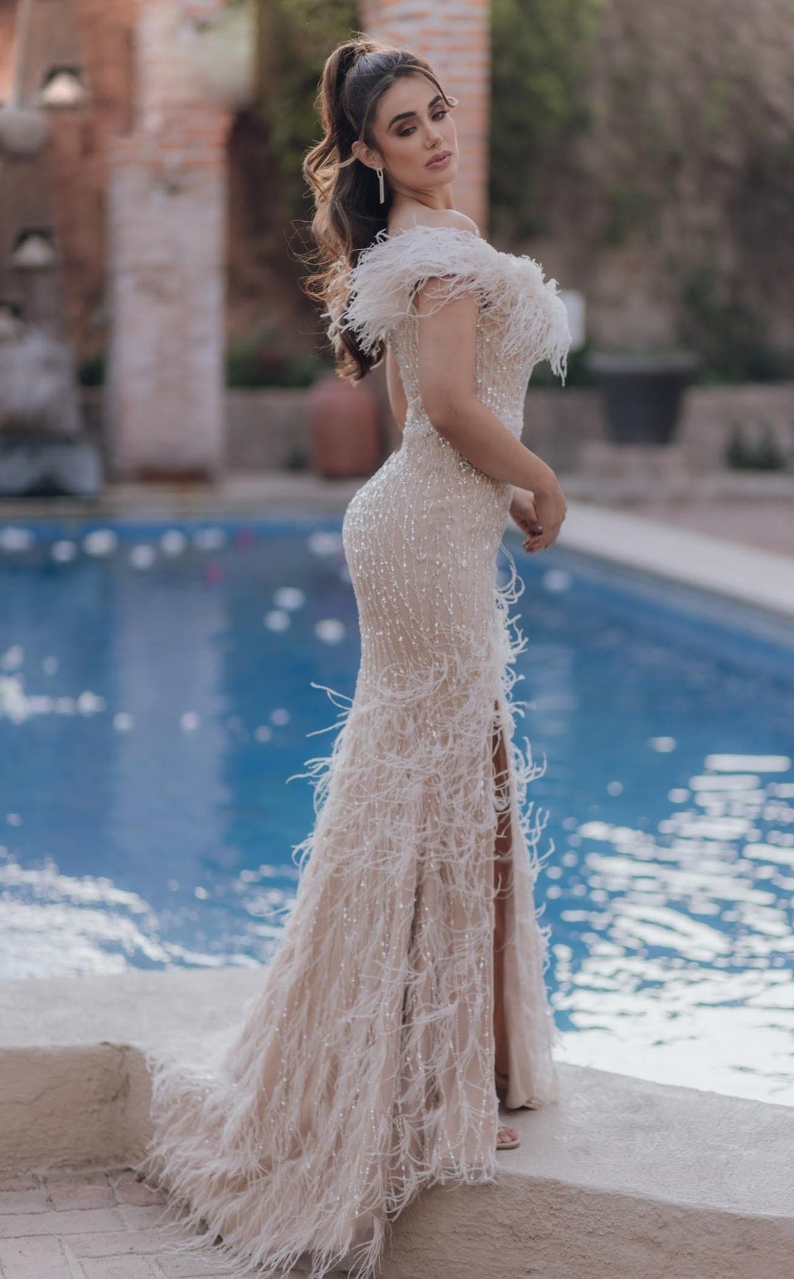 Prom Dresses Long Formal Prom Feather Dress Ivory Nude
