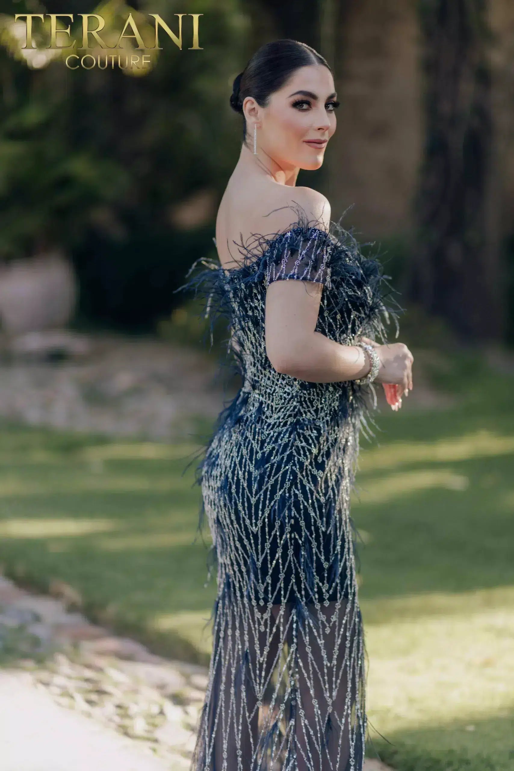 Prom Dresses Long Feather Beaded Formal Prom Dress Navy