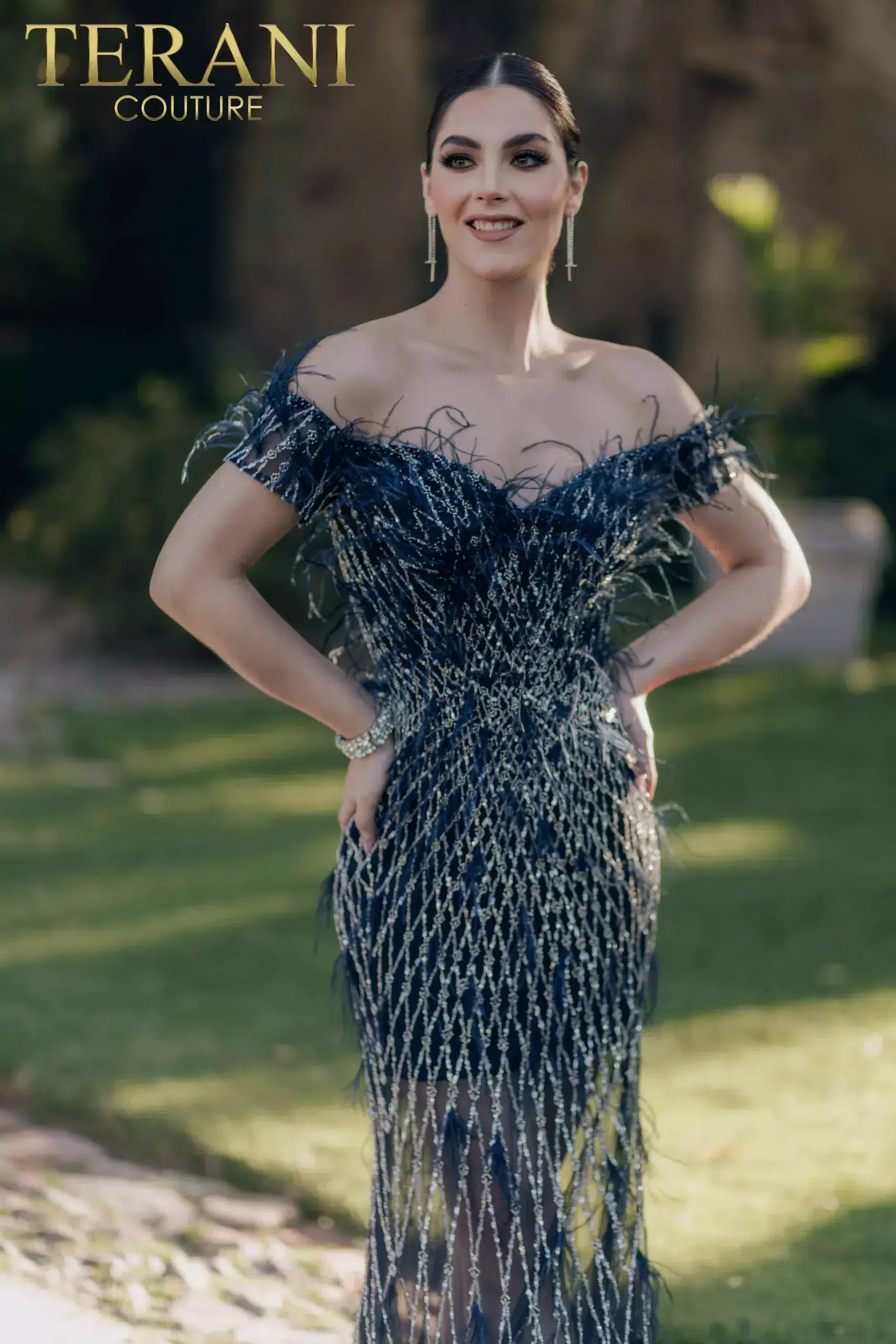 Prom Dresses Long Feather Beaded Formal Prom Dress Navy