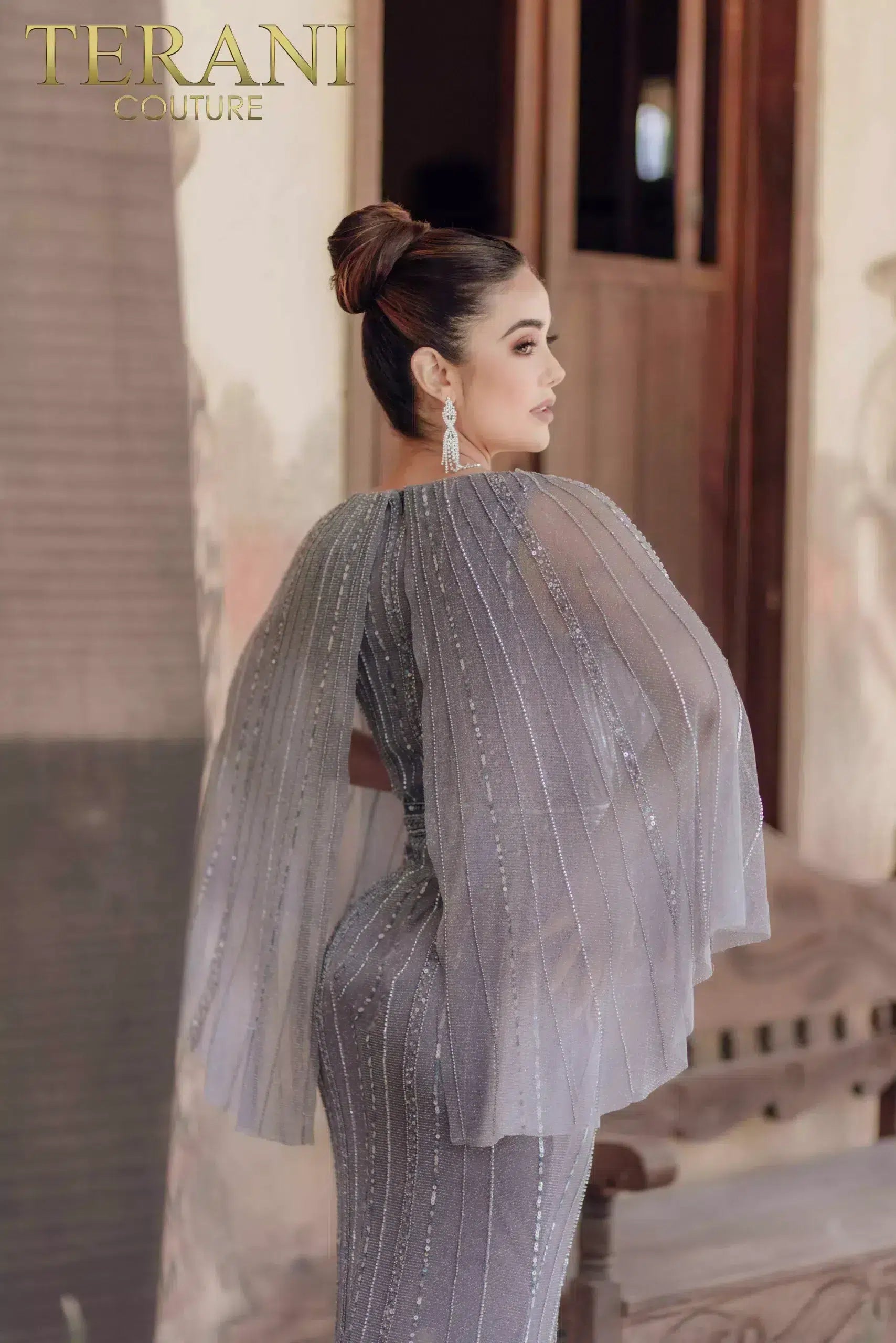 Mother of the Bride Dresses Long Mother of the Bride Sequin Cape Dress Dark Silver