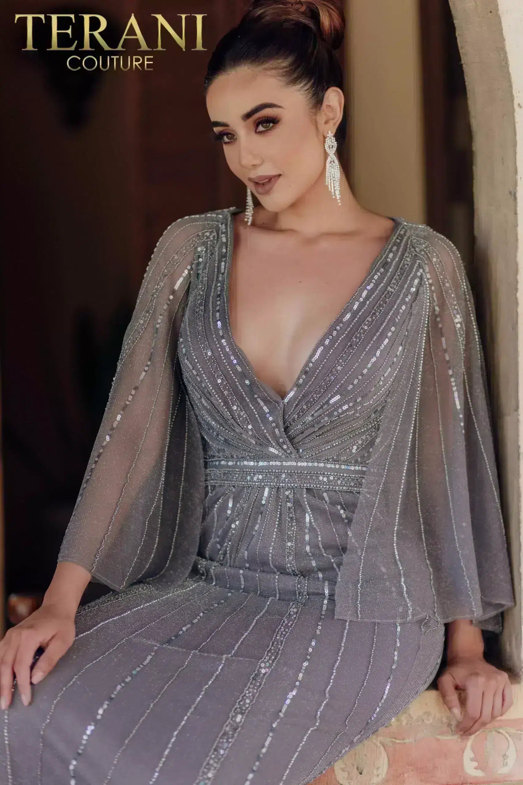 Mother of the Bride Dresses Long Mother of the Bride Sequin Cape Dress Dark Silver
