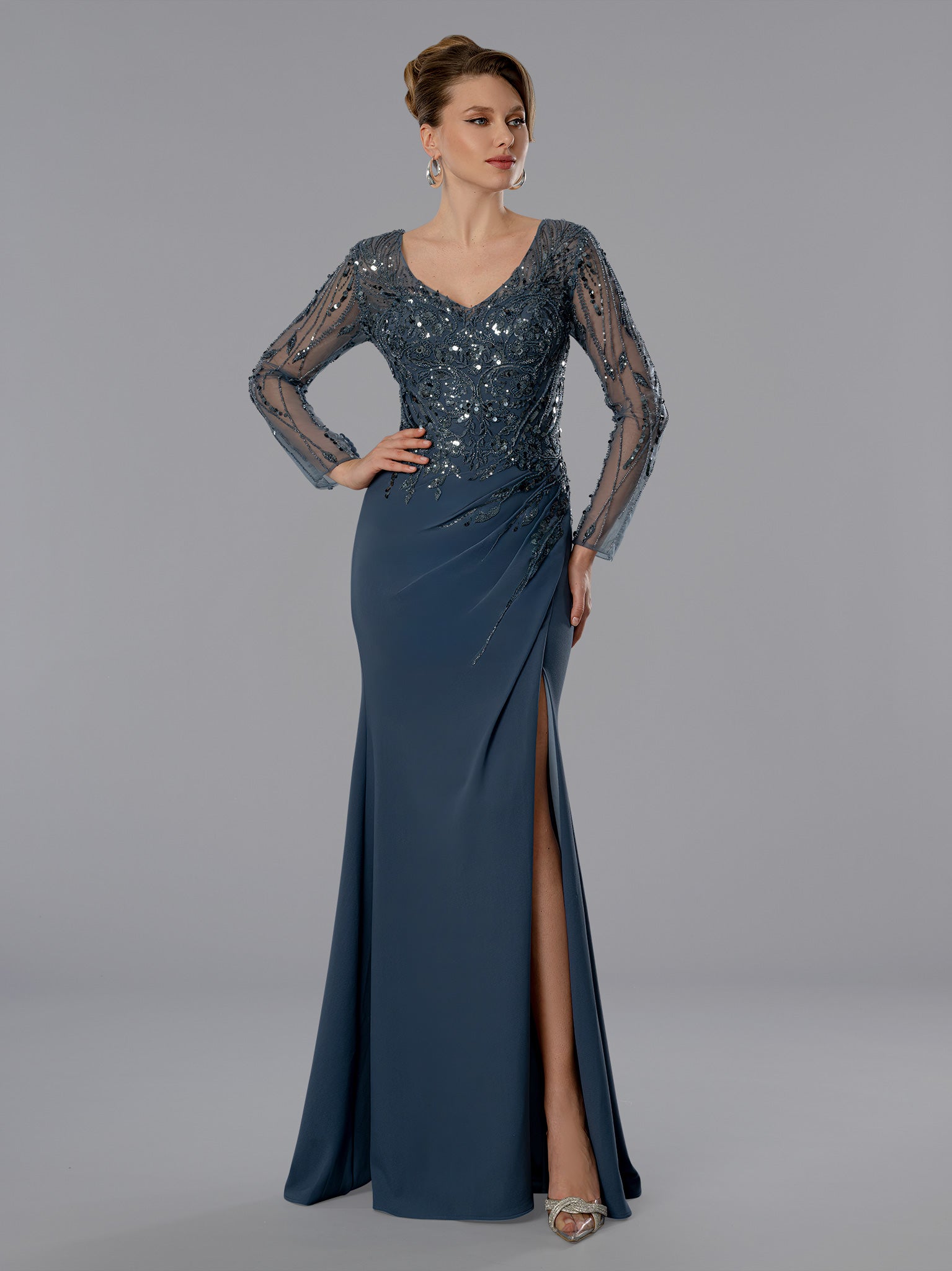 Mother of the Bride Dresses Long Sleeve Beaded Formal Long Mother of the Bride Dress Stella Couture 25371 Charcoal