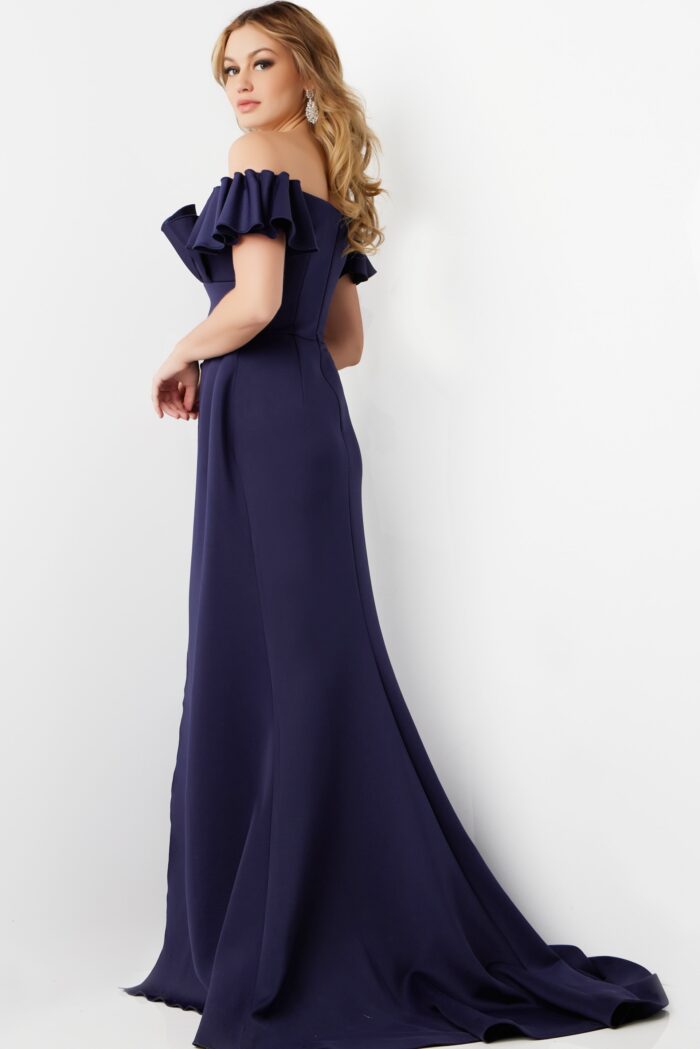 Formal Dresses Long Ruffle Slit Formal Dress Navy