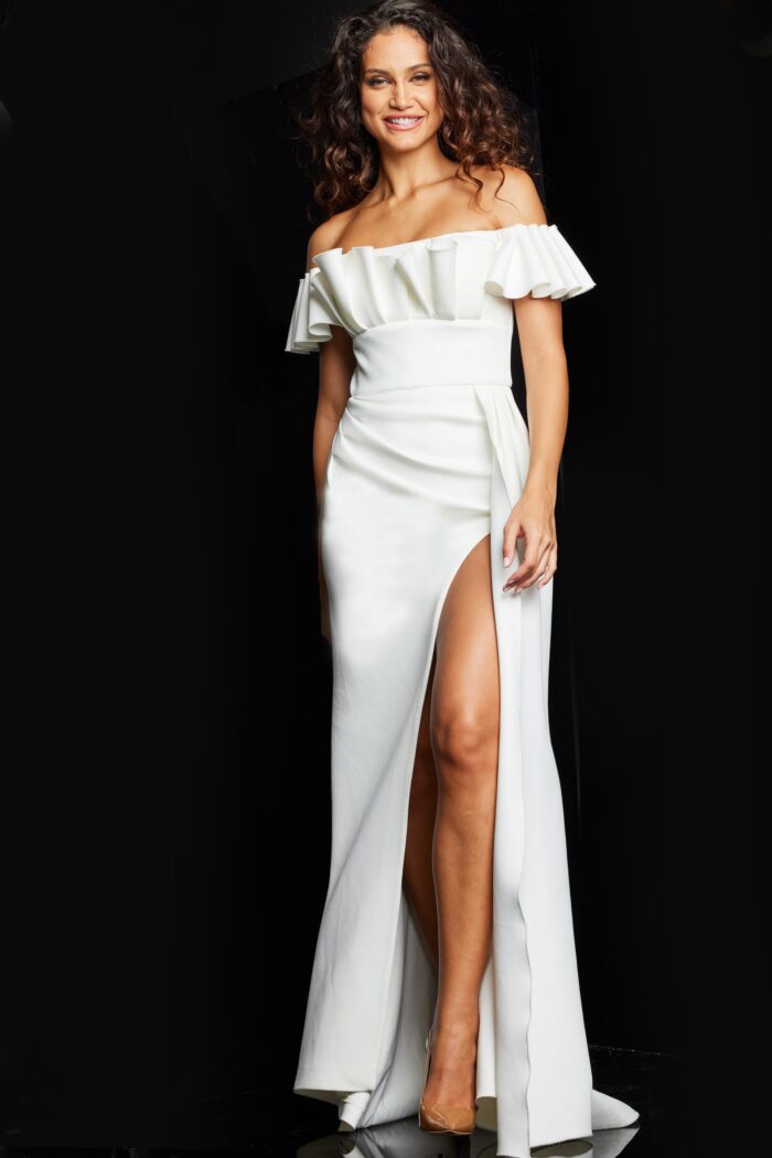 Formal Dresses Long Ruffle Slit Formal Dress White