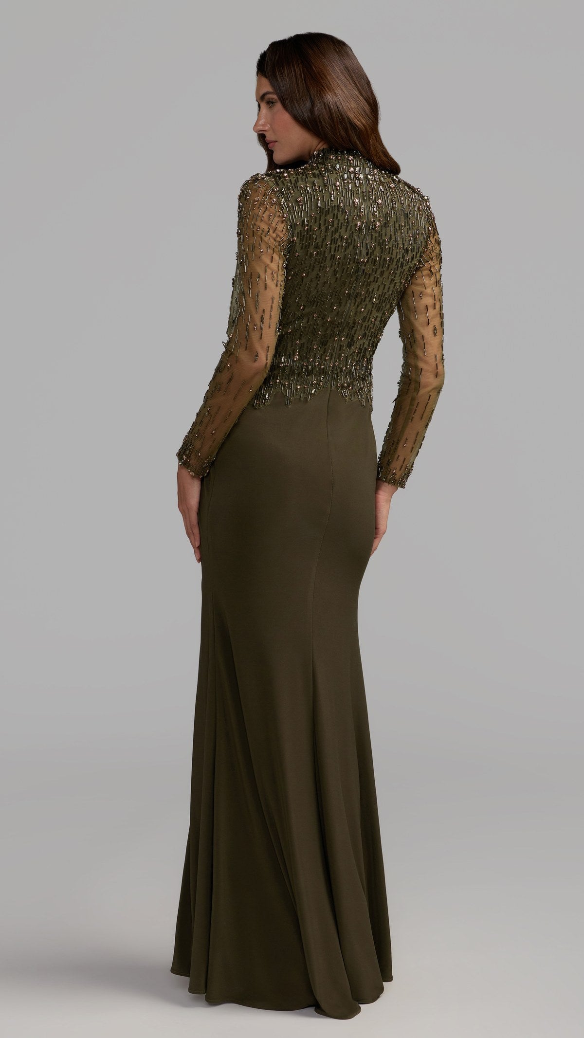 Mac Duggal style 2341 in Olive, back view
