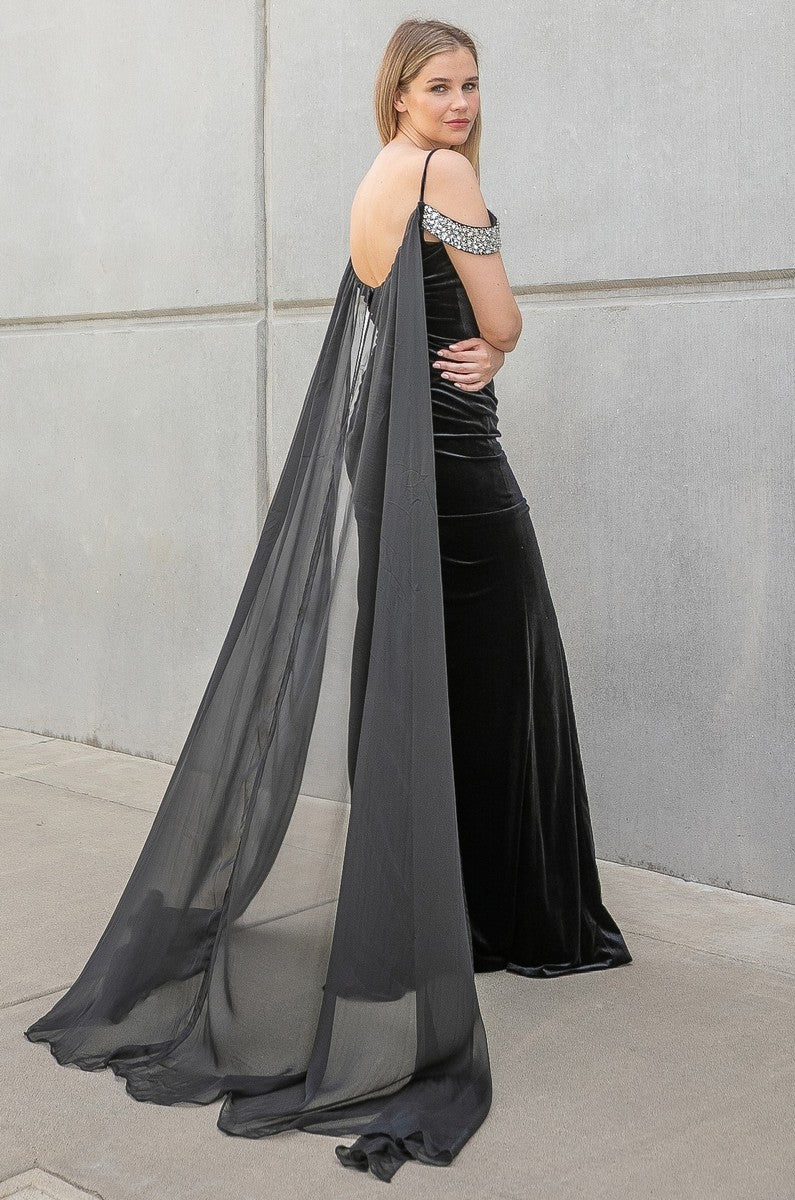 Prom Dresses Long Jeweled Formal Prom Cape Dress Black