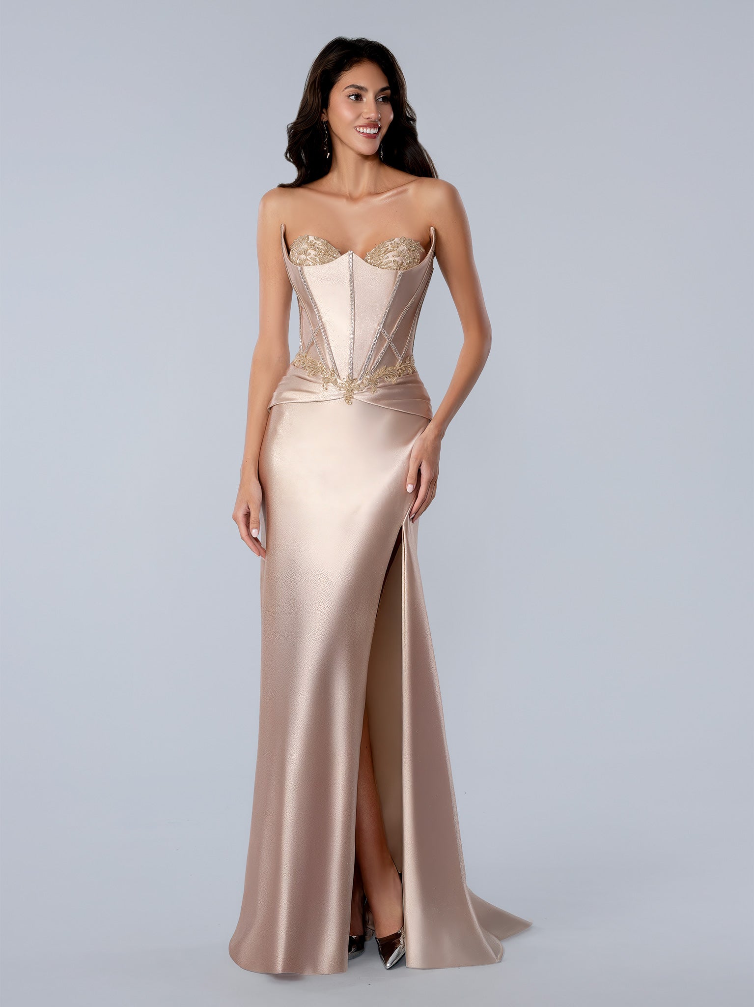 Prom Dresses Fitted Lace Applique Long Formal Prom Dress Champagne