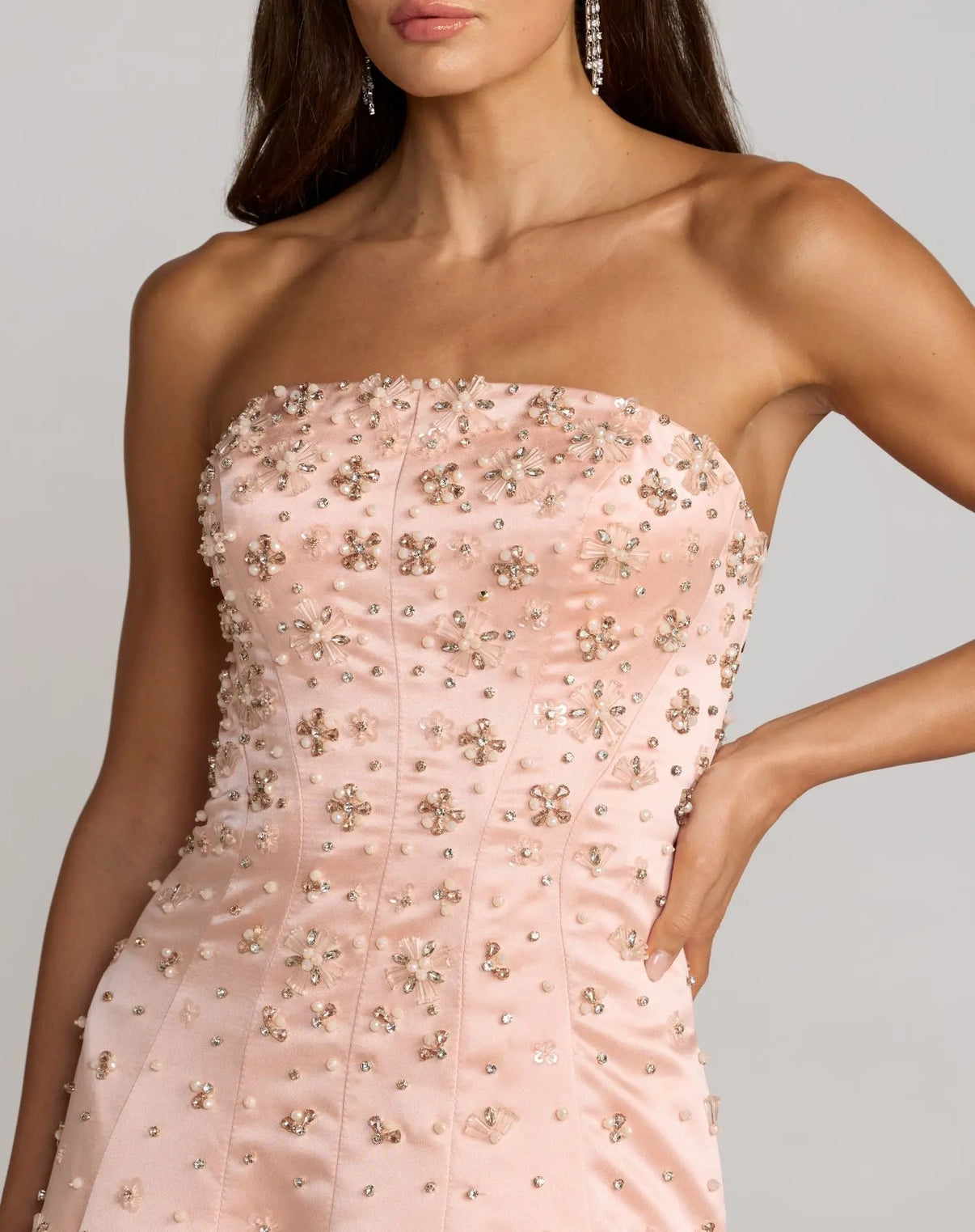 Strapless Long Embellished Prom Gown by Mac Duggal 2358 in Peach