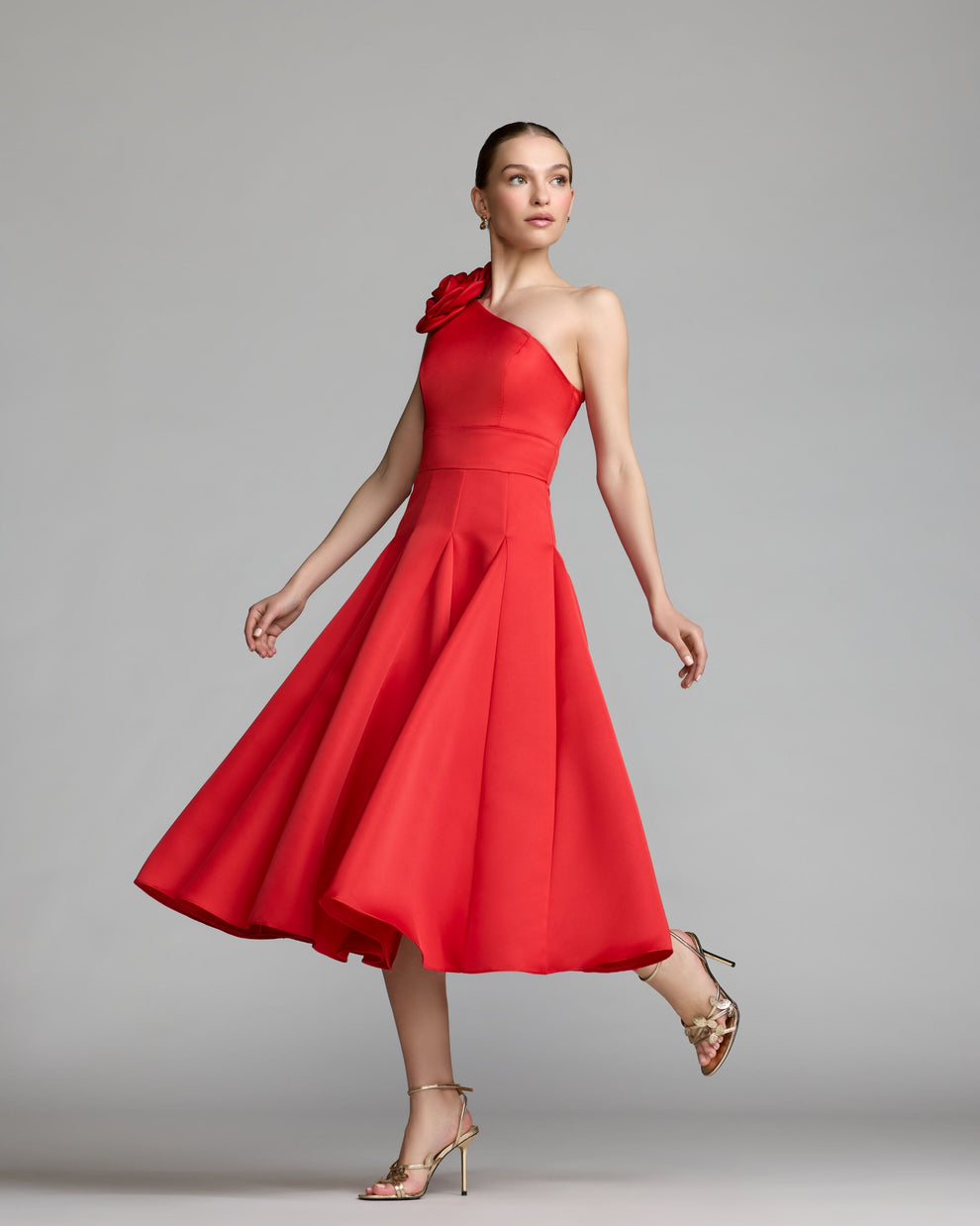 One-Shoulder Tea-Length Satin Cocktail A-Line Mac Duggal 2364