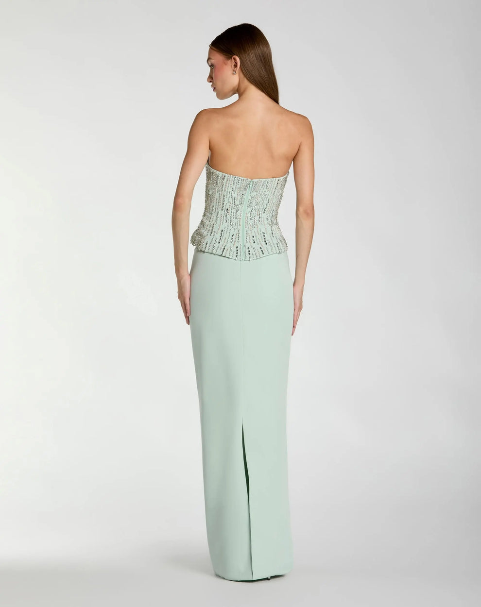 Mint Strapless Floor-Length Scuba Formal Gown with Beaded Peplum Bodice Mac Duggal 2366