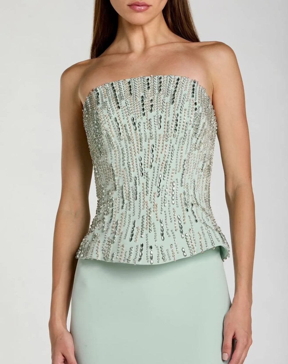Mint Strapless Floor-Length Scuba Formal Gown with Beaded Peplum Bodice Mac Duggal 2366