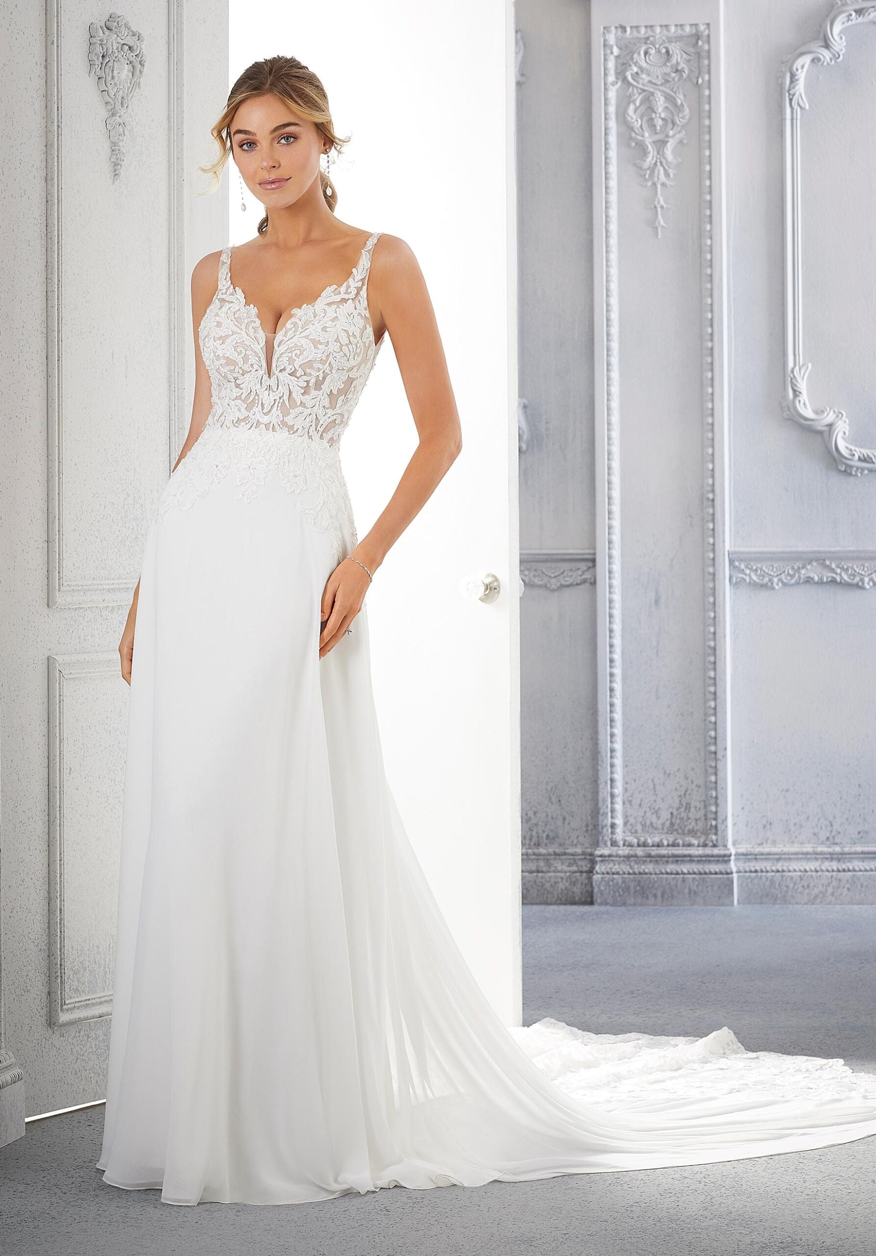 Wedding Dresses Bridal A Line Long Beaded Wedding Dress MGNY Madeline Gardner New York 2367 Ivory/Honey