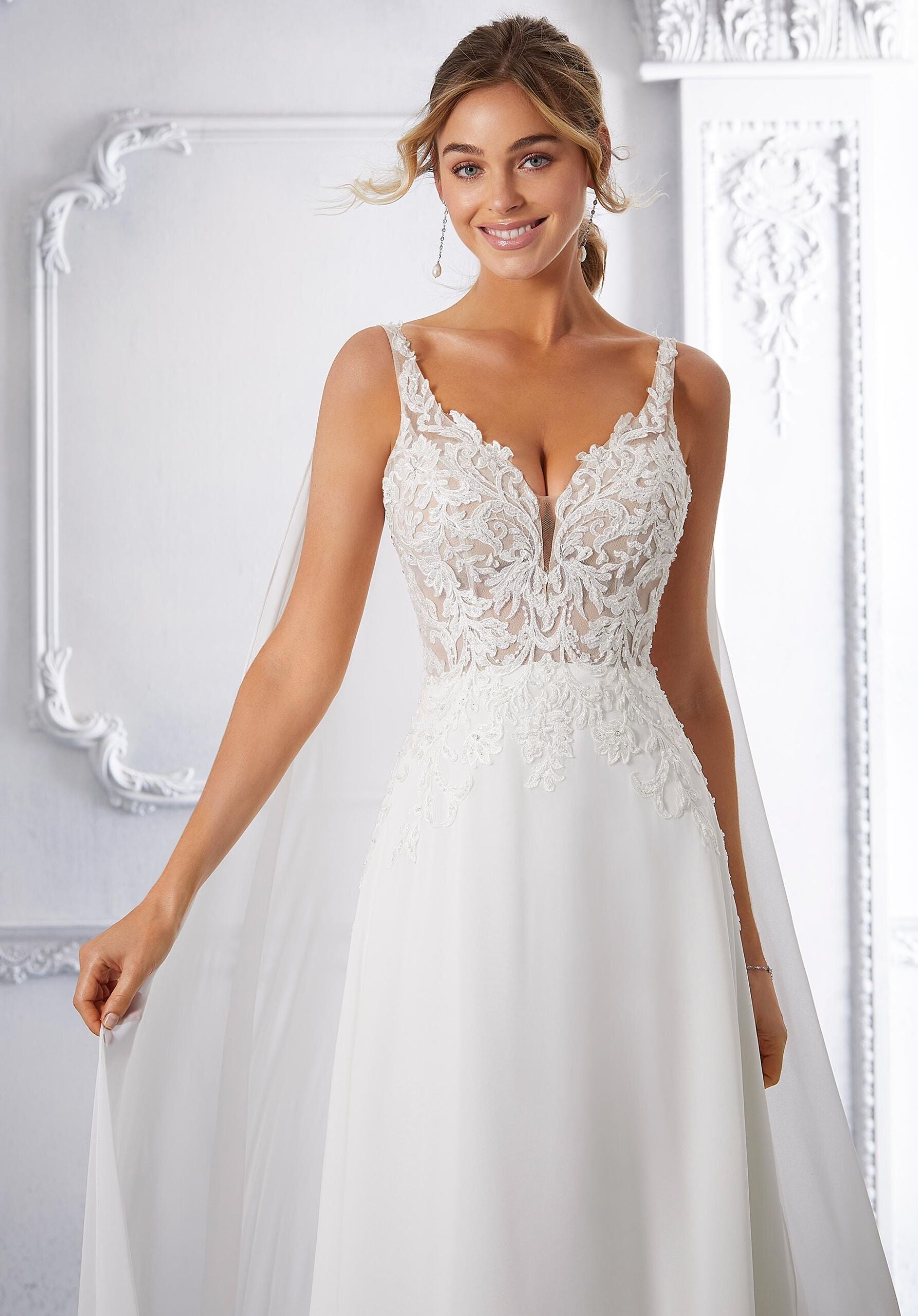 Wedding Dresses Bridal A Line Long Beaded Wedding Dress MGNY Madeline Gardner New York 2367 Ivory/Honey