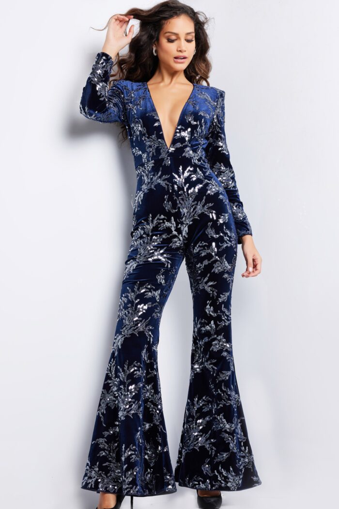Jumpsuit Long Beaded Formal Velvet Jumpsuit Navy