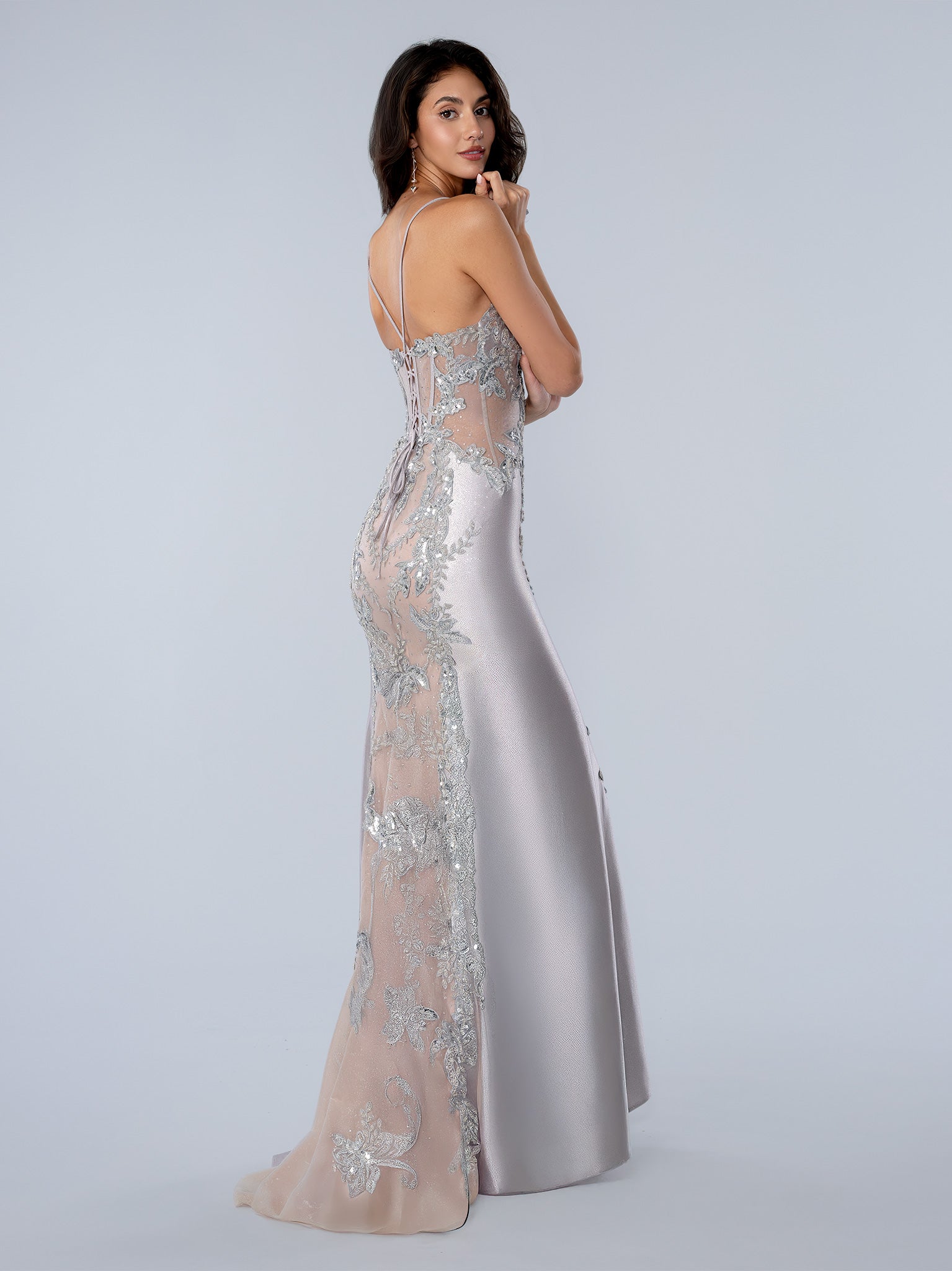 Prom Dresses Long Formal Lace Applique Prom Dress Silver