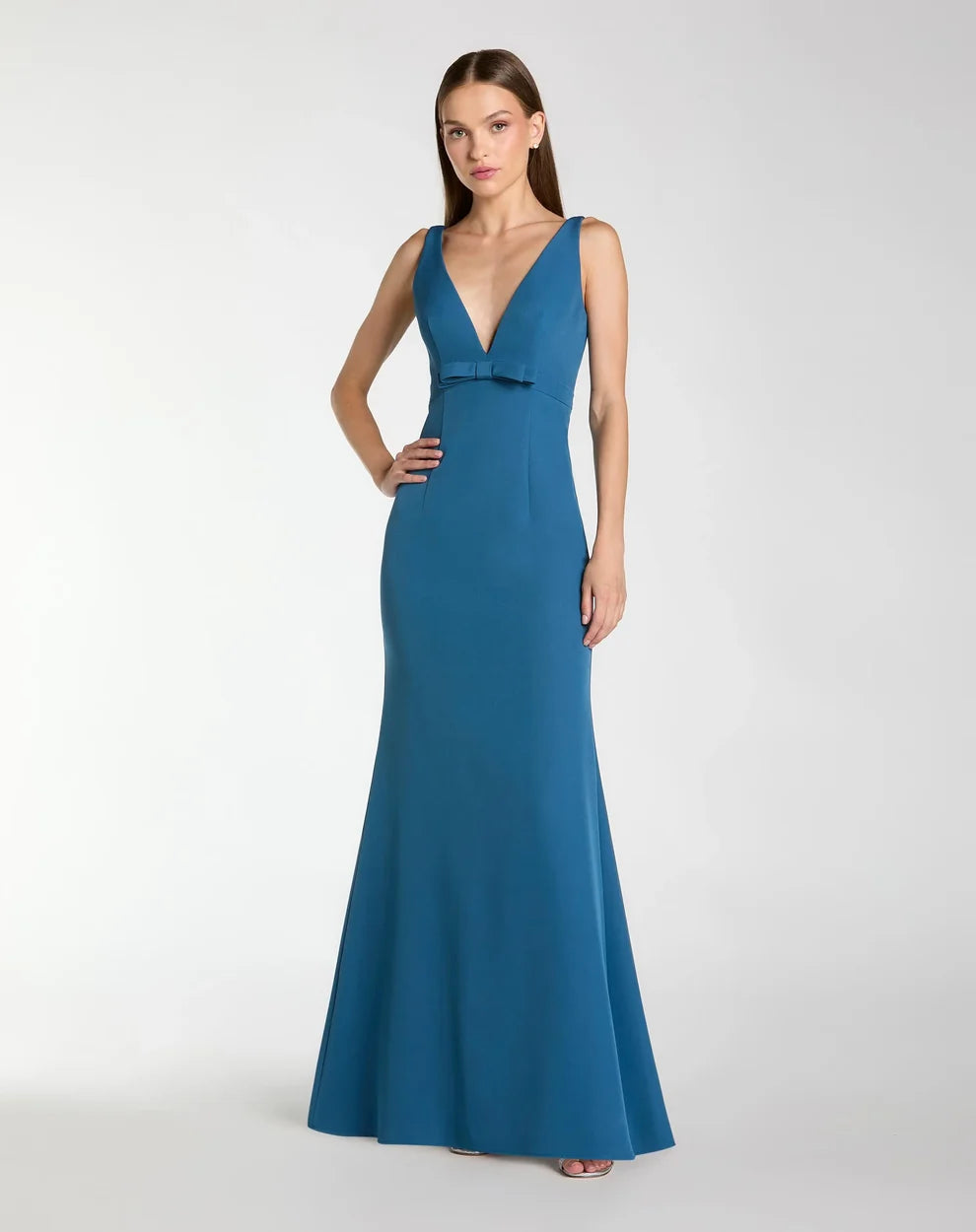 V-Neck Floor-Length Crepe Formal Dress by Mac Duggal 992371P in Ocean