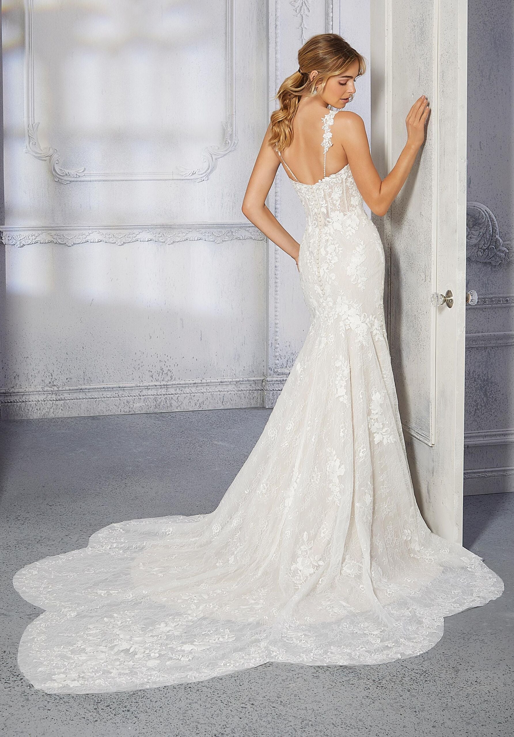Wedding Dresses Long Beaded Lace Applique Wedding Dress MGNY Madeline Gardner New York 2379 Ivory/Cappuccino/Honey