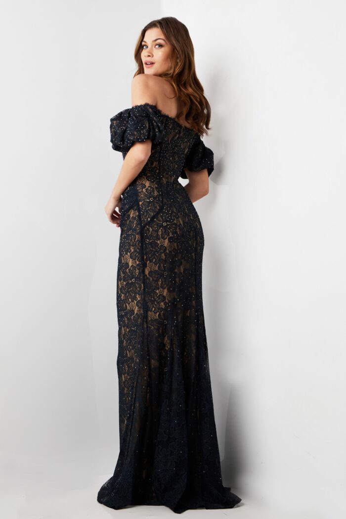 Formal Dresses Beaded Long Ruffle Sleeve Formal Dress Navy
