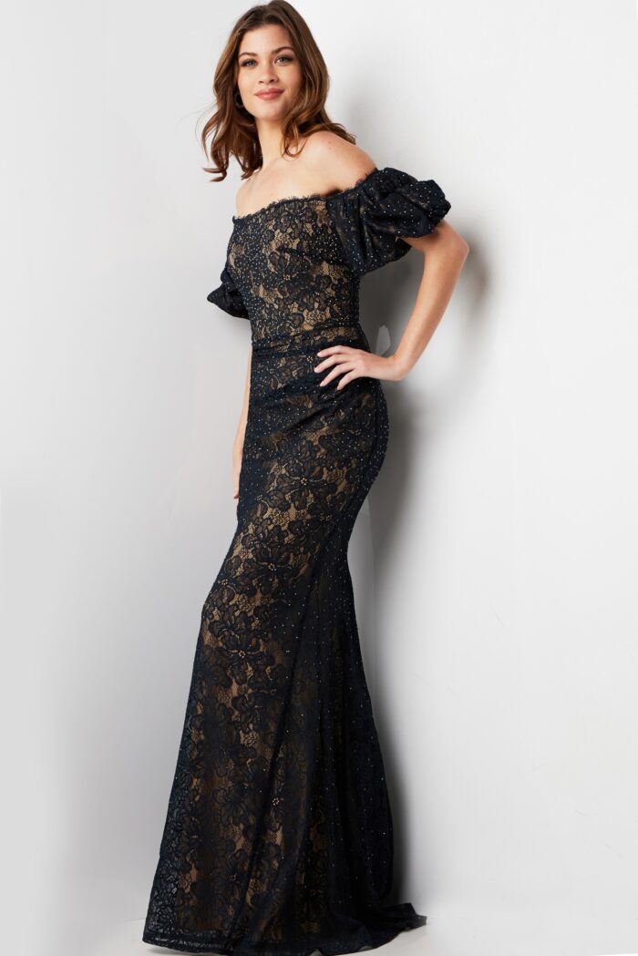 Formal Dresses Beaded Long Ruffle Sleeve Formal Dress Navy