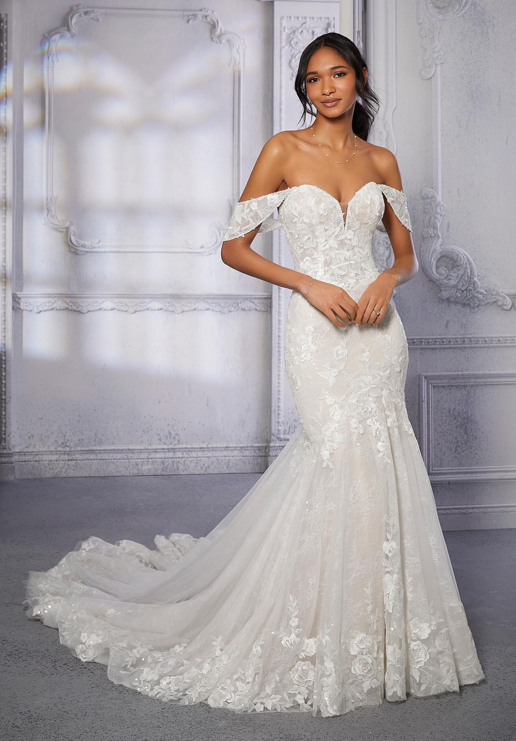 Wedding Dresses Long Sequin Lace Applique Wedding Dress MGNY Madeline Gardner New York 2386 Ivory/Cappuccino/Honey