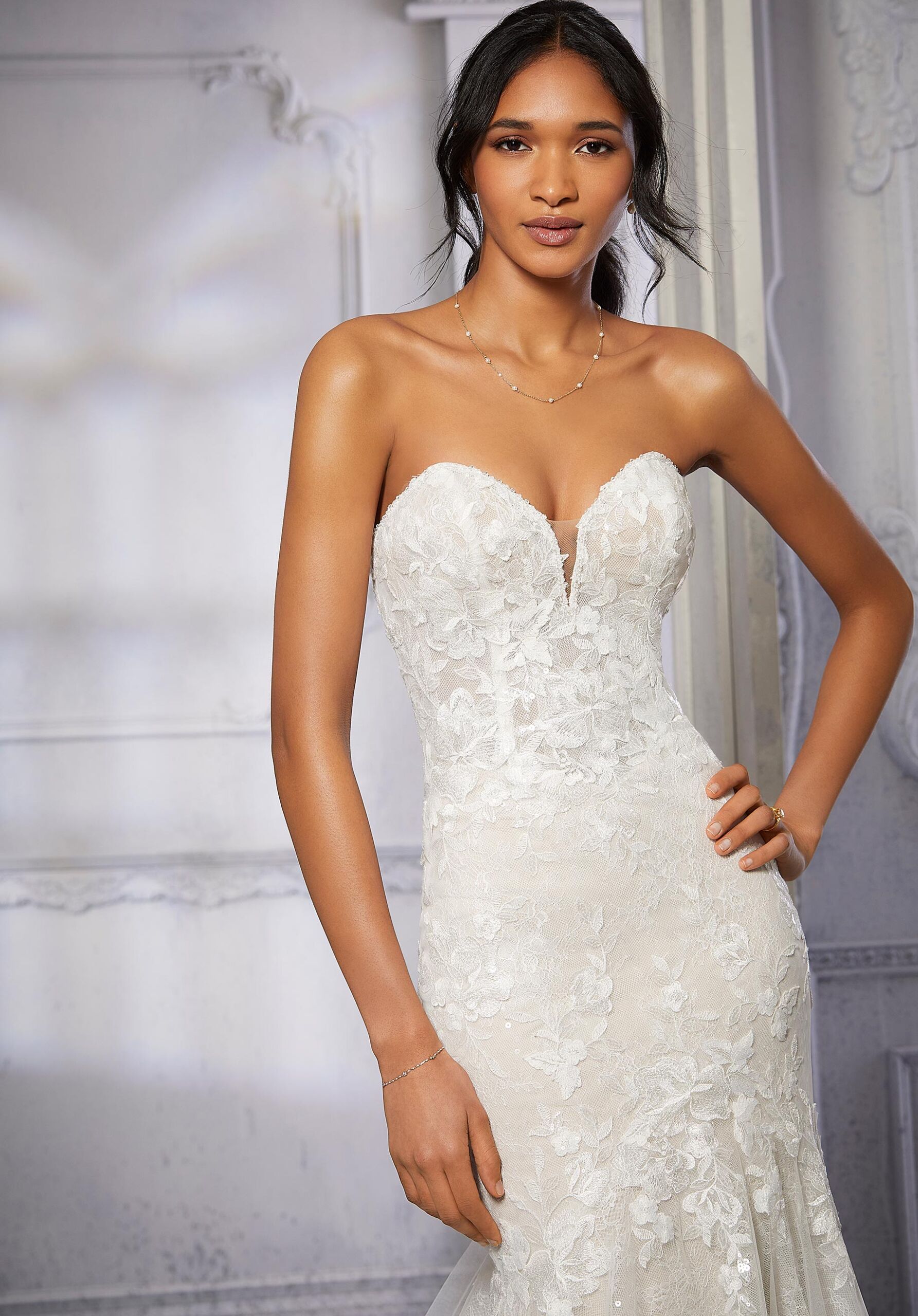 Wedding Dresses Long Sequin Lace Applique Wedding Dress MGNY Madeline Gardner New York 2386 Ivory/Cappuccino/Honey