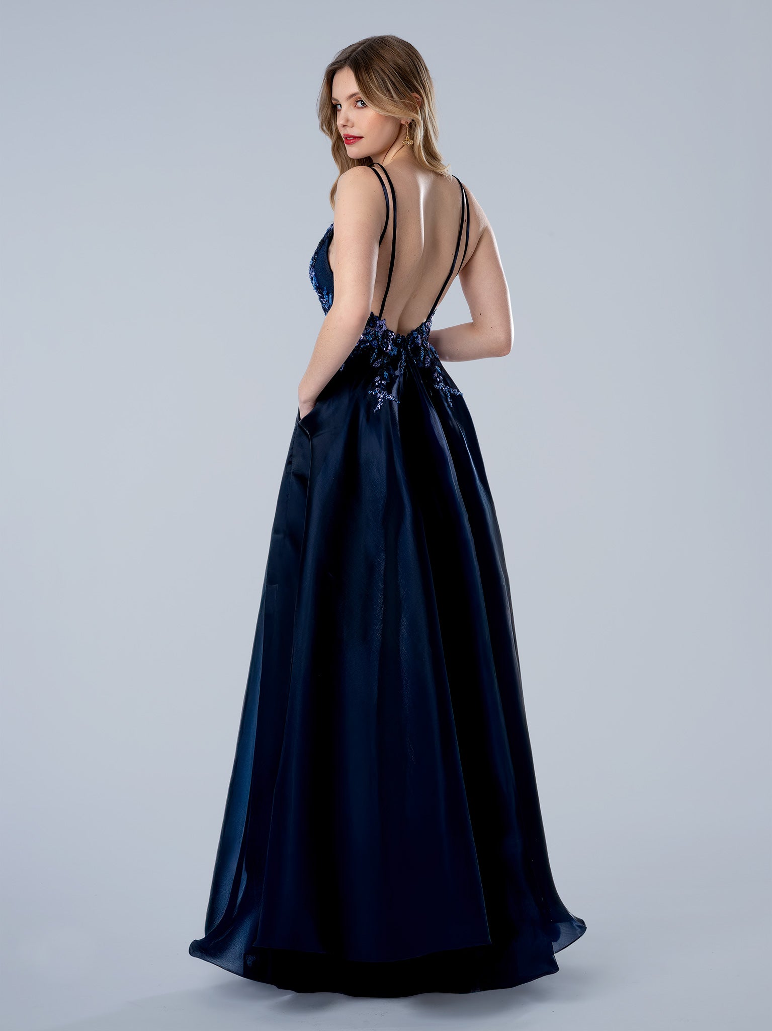 Prom Dresses Floral Long Formal Beaded Sequin Prom Dress Navy