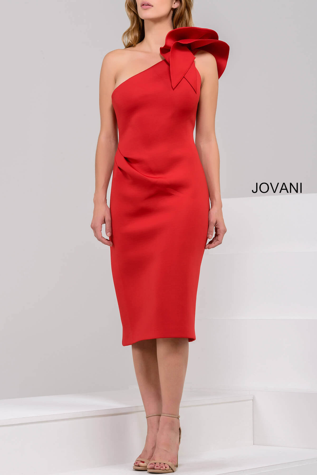 Red One-Shoulder Midi Crepe Cocktail Dress Large Bow Gown Jovani 23886