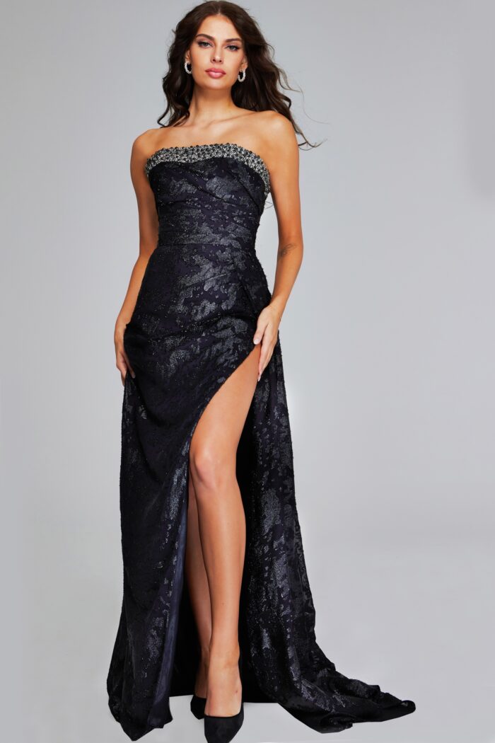 Formal Dresses Long Pleated Beaded High Slit Formal Dress Black