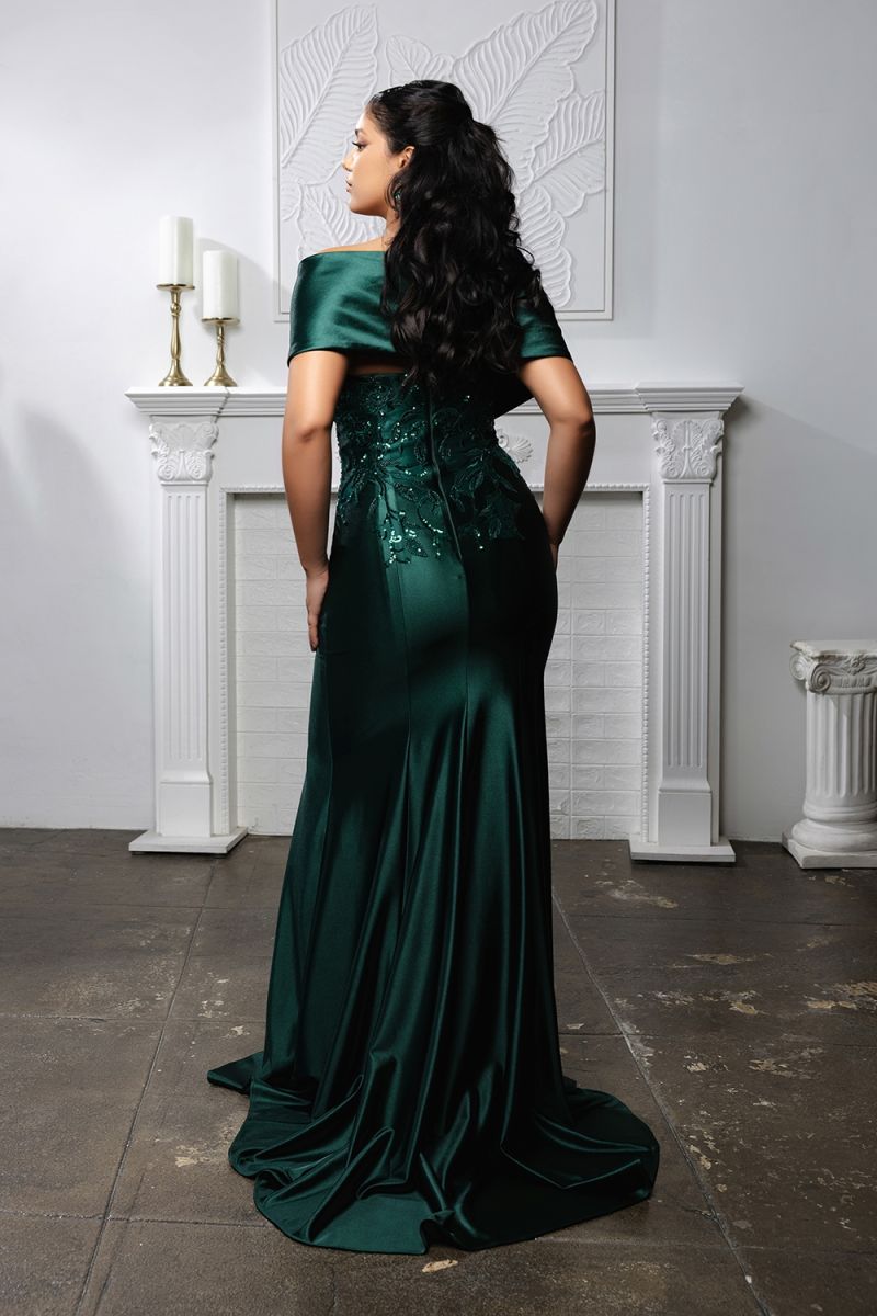 Off-the-Shoulder Floor-Length Satin Formal Dress Sheath May Queen 2174