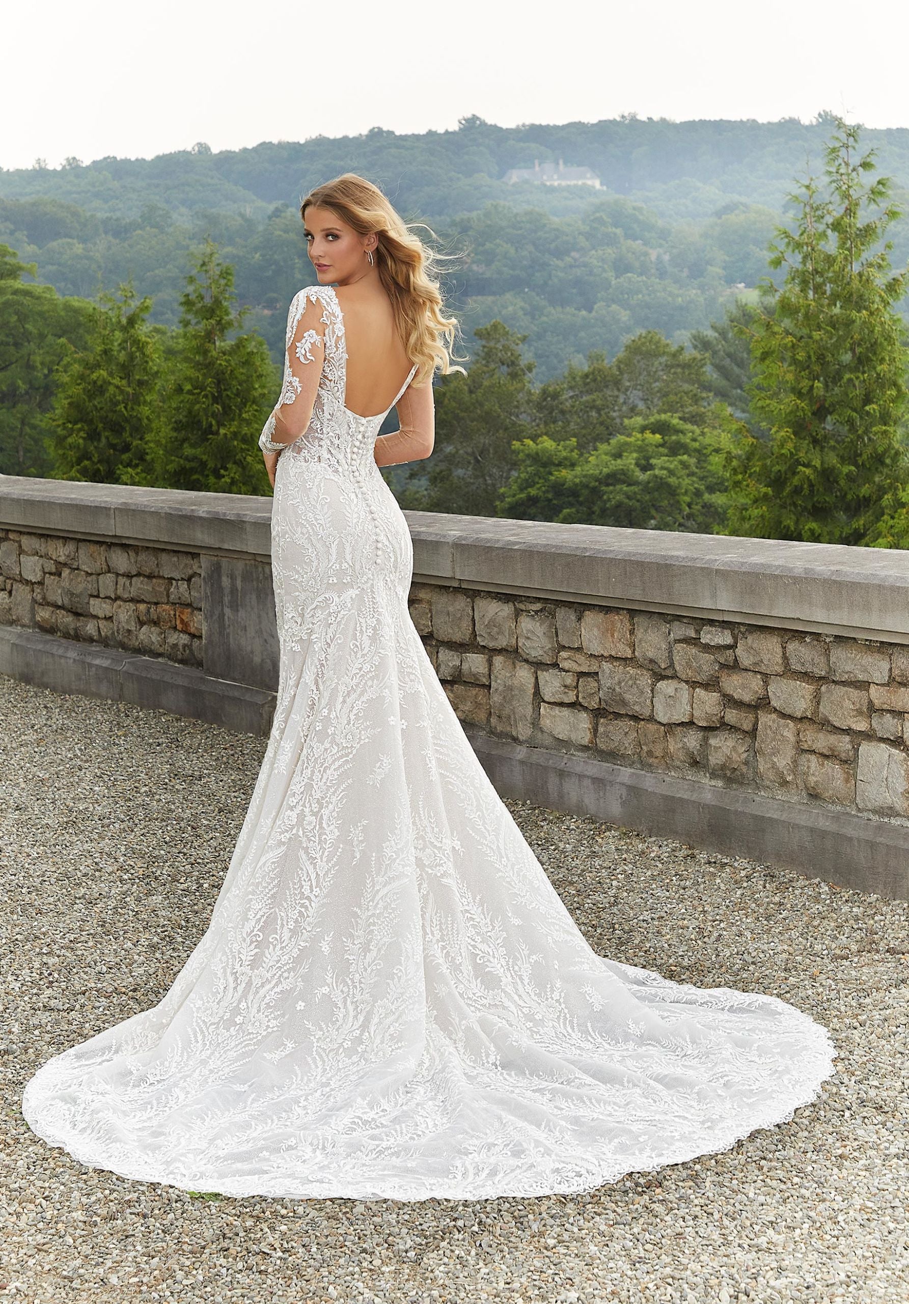 Wedding Dresses Long Sleeve Corset Lace Wedding Dress MGNY Madeline Gardner New York 2401 Ivory/Cappuccino/Honey