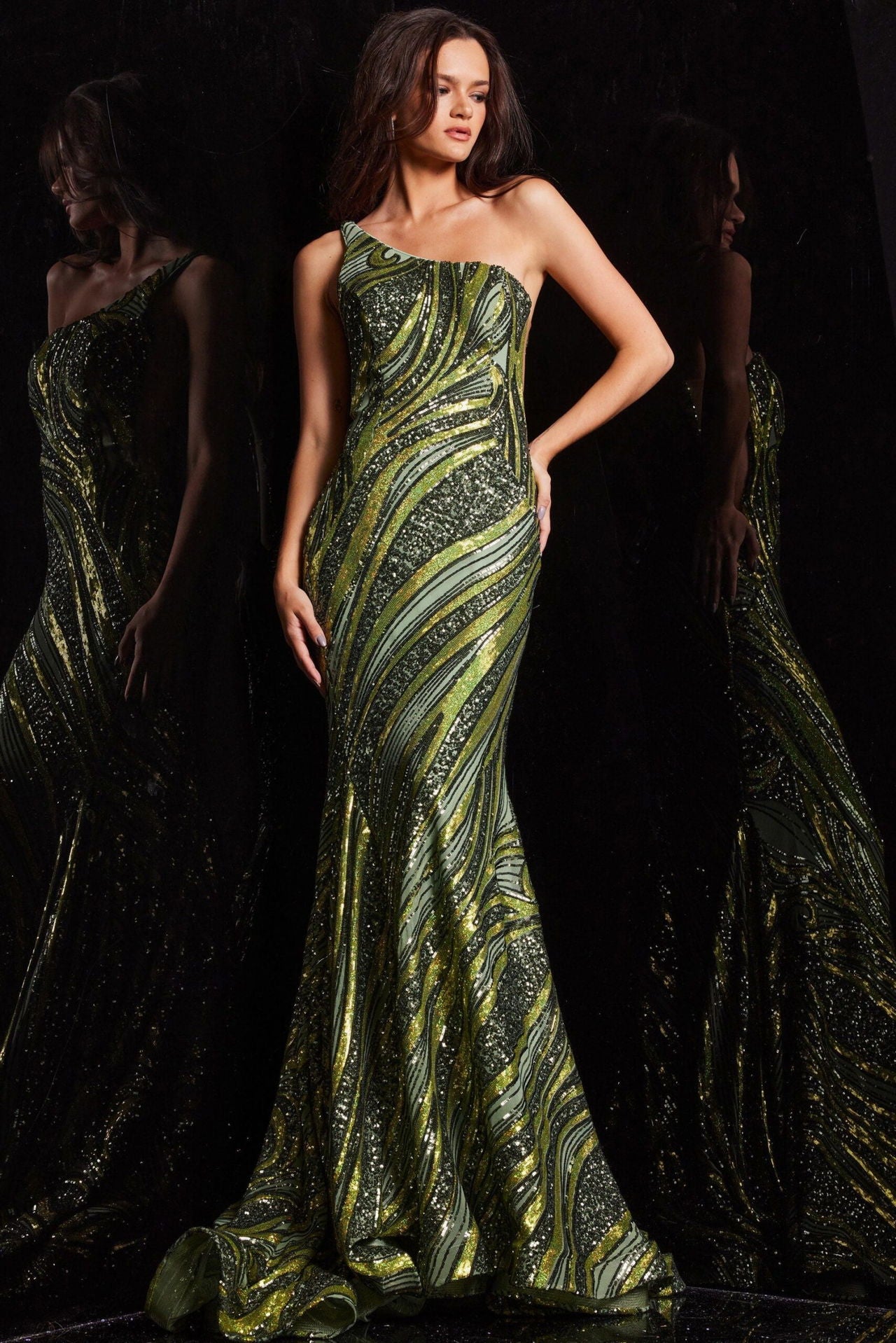 Prom Dresses Long Sequin Pattern Formal Mermaid Prom Dress OLive Silver
